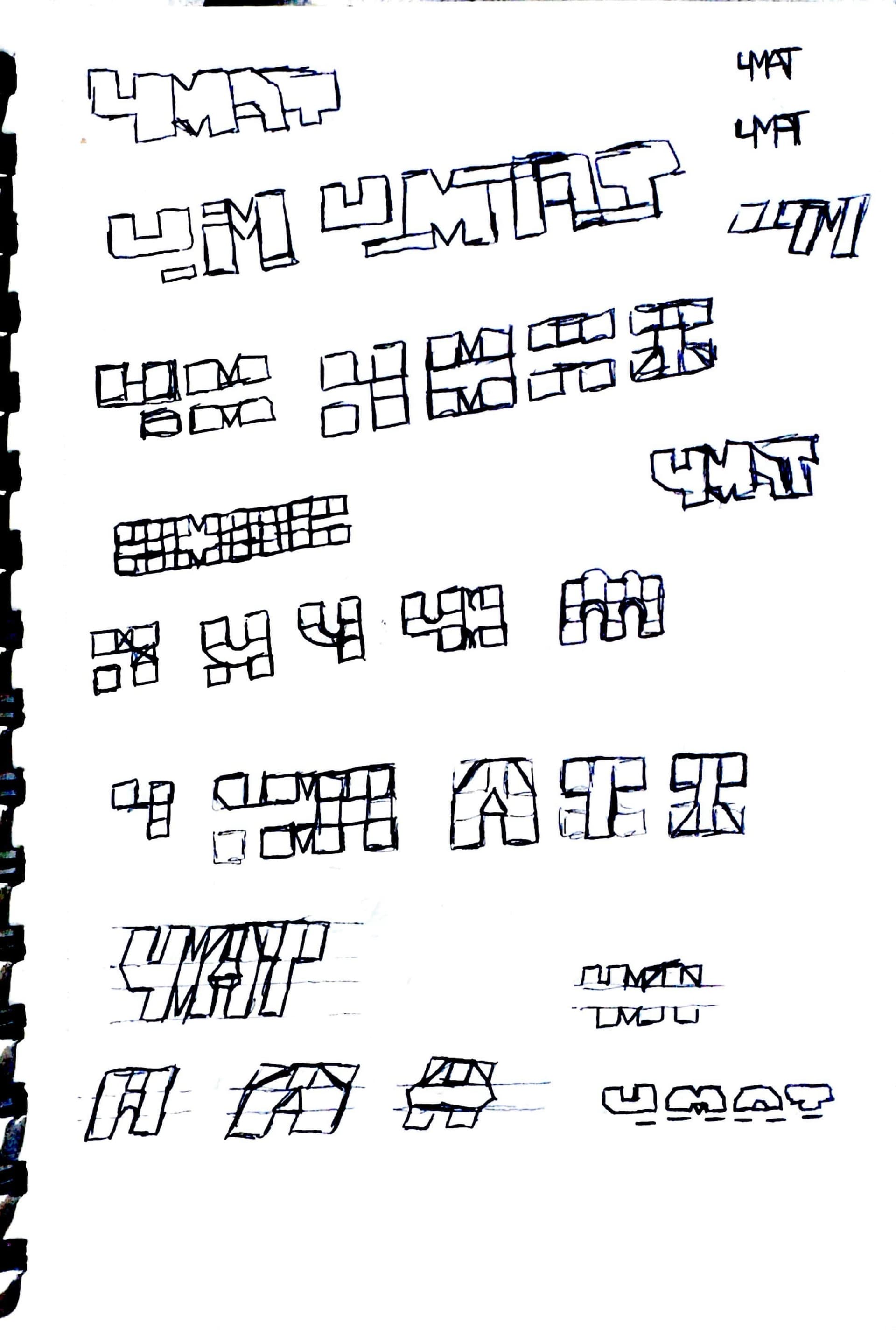 a third page working the letters down onto a square grid, with single-letter studies of the 4, M, A and T