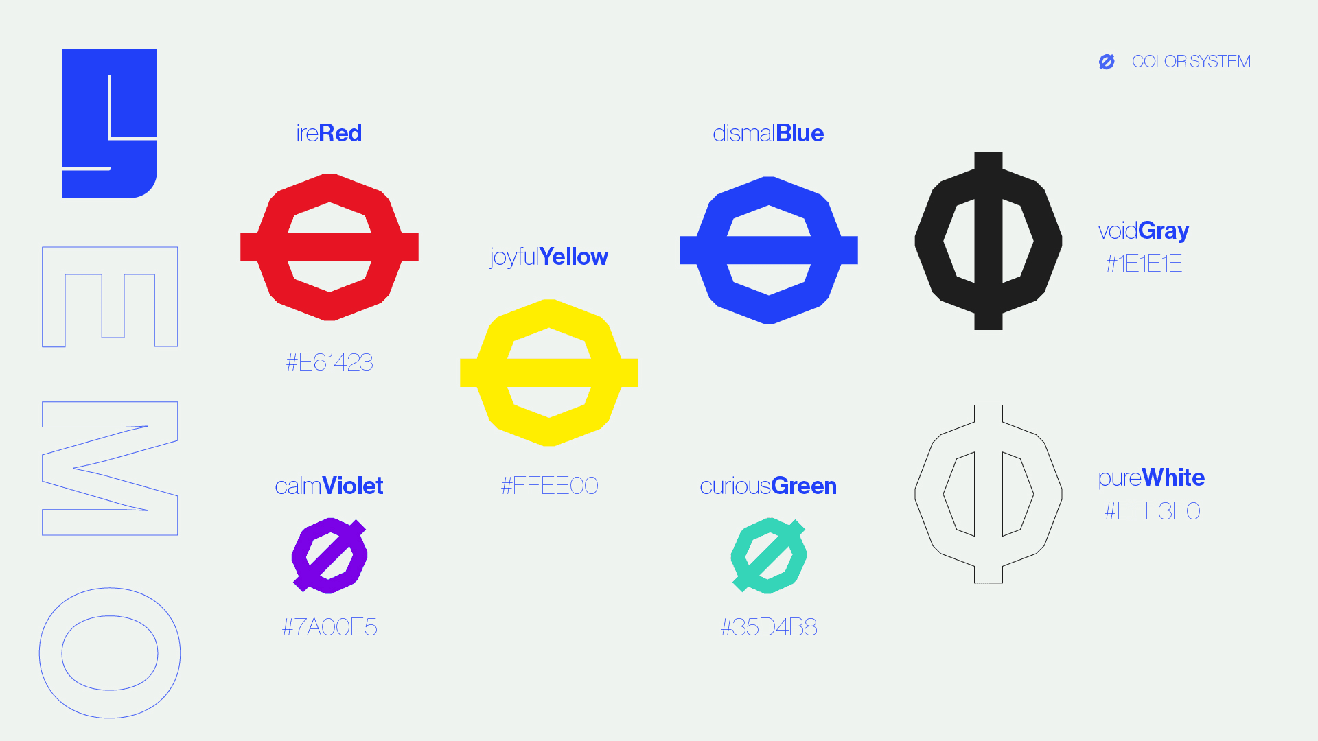 the colour system plate, the symbol drawn seven times in each brand colour, at three different tilts
