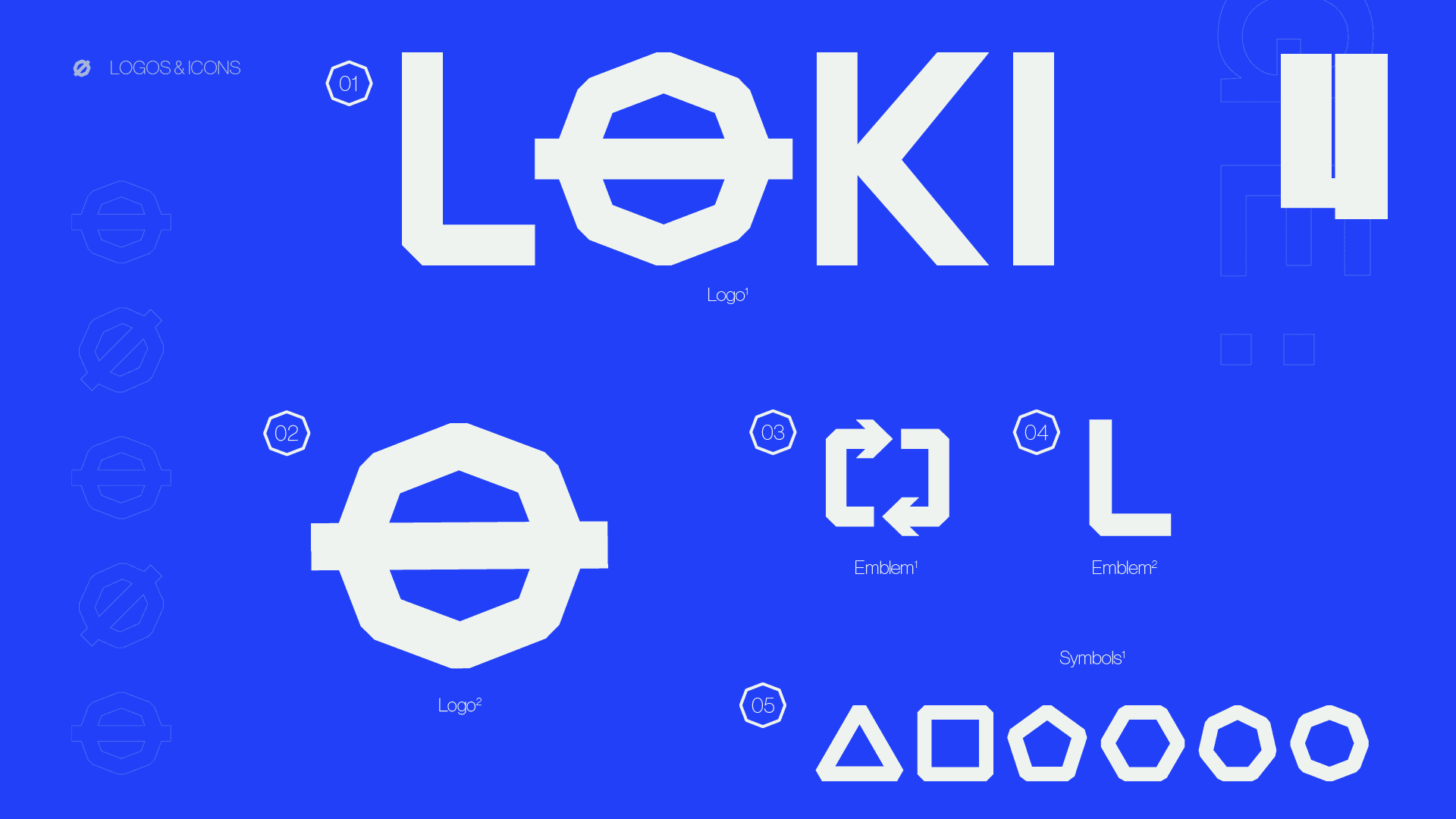 the logo set laid out on blue, the full wordmark, the symbol on its own, two emblems and a row of six symbols from triangle up to nonagon