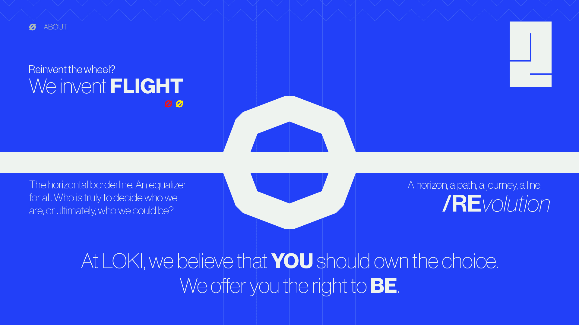 a blue spread with the symbol centred on a white band running edge to edge, reading we invent flight and we offer you the right to be