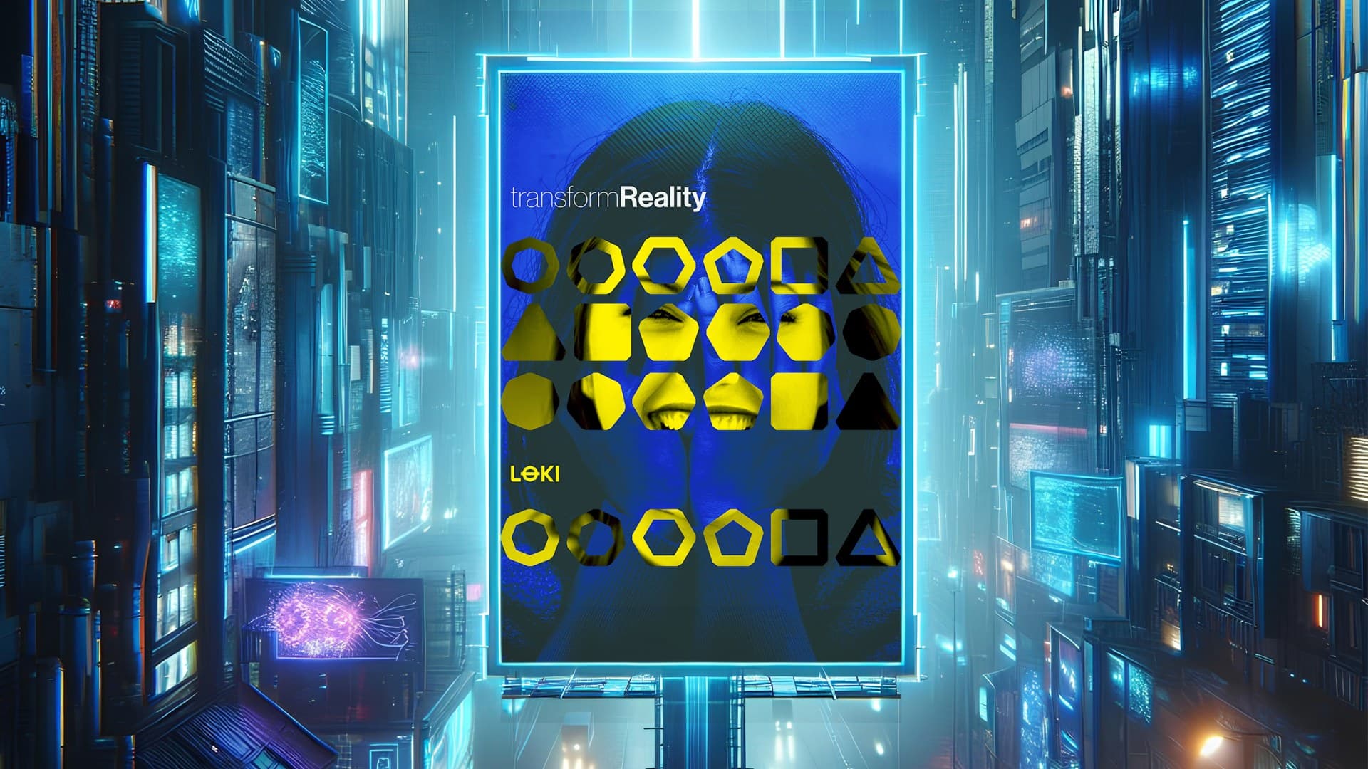 the transform reality poster on an illuminated billboard in a dense neon-lit city street
