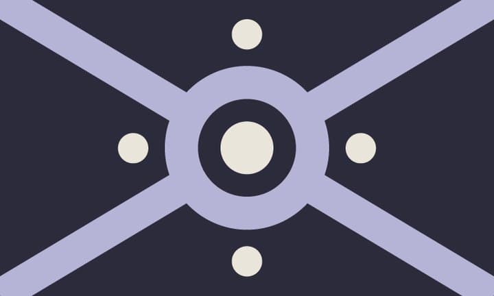 the saltire again in lavender, dots returned at the four compass points