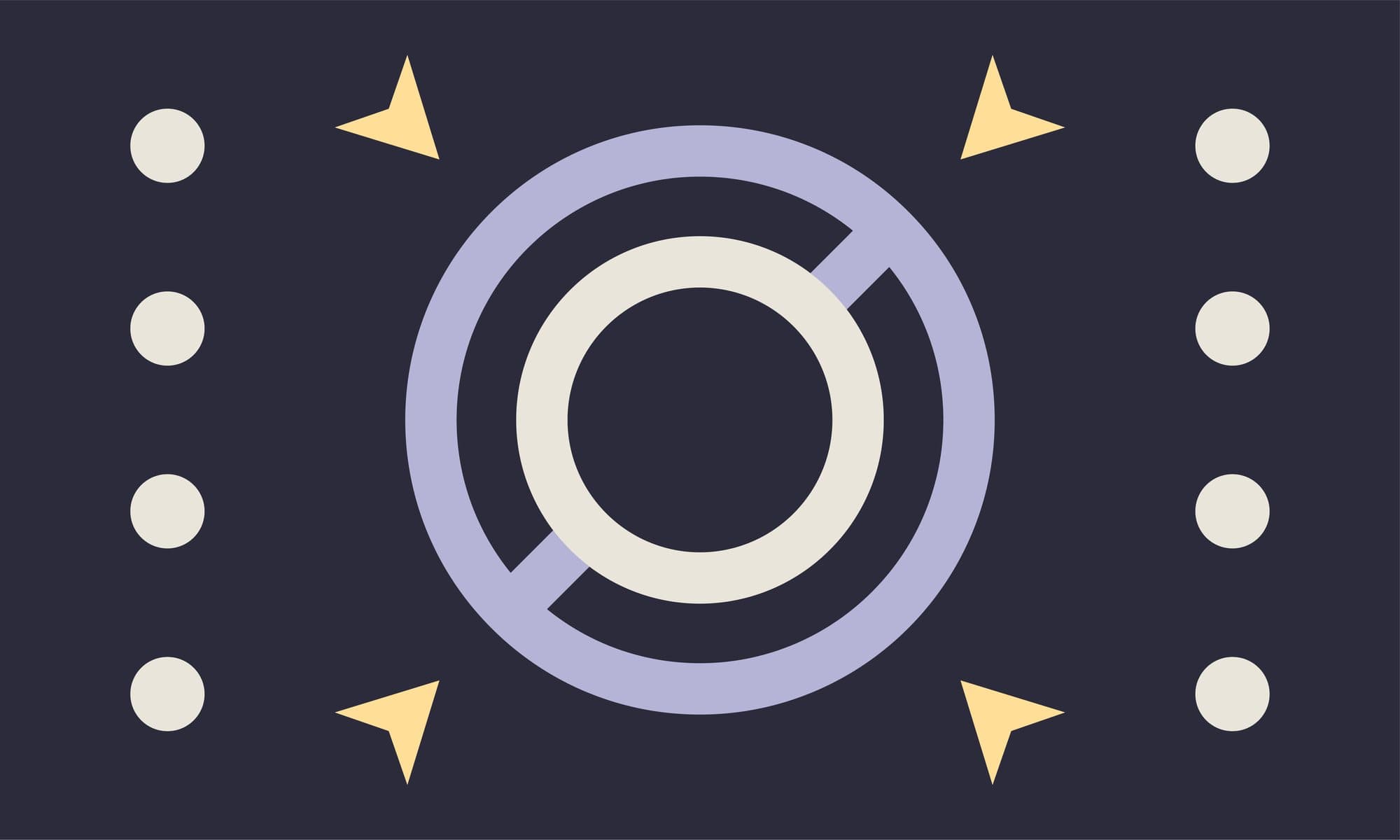the final flag: a lavender slashed ring centred on deep navy, four cream dots down each side and four yellow arrows angled out from the centre