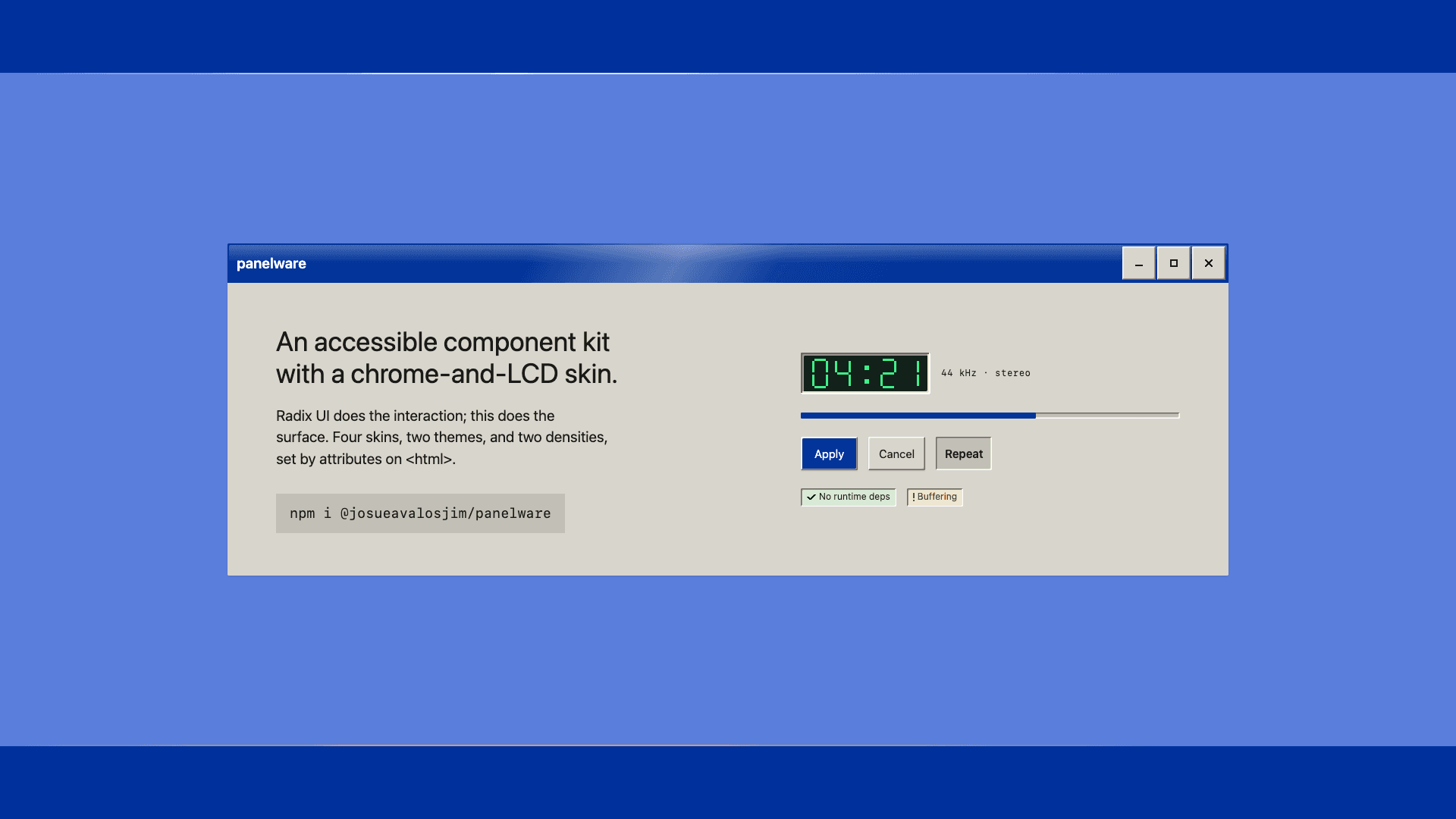 a bevelled chrome window titled panelware, with an LCD time readout, a progress bar, Apply, Cancel, and Repeat buttons, and two status badges