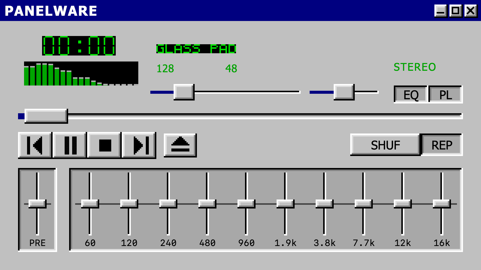the player in the dialup skin: a green LCD reading GLASS PAD, a spectrum visualiser, transport buttons, and an equaliser with a preamp and ten vertical band sliders from 60 hertz to 16 kilohertz