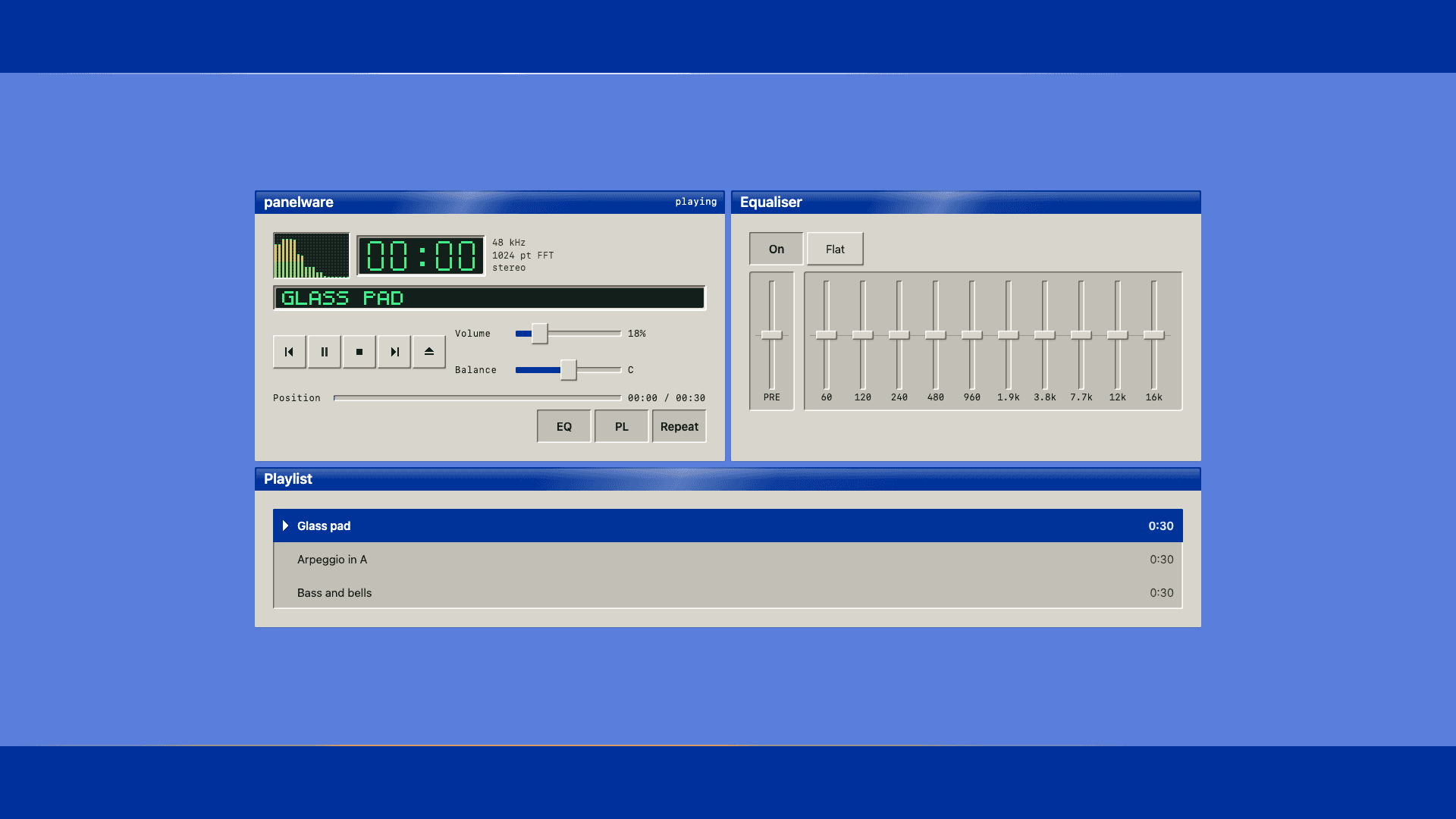 the Panelware demo player, running