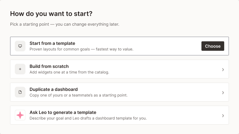 the empty state rebuilt as a ranked vertical list of four starting points