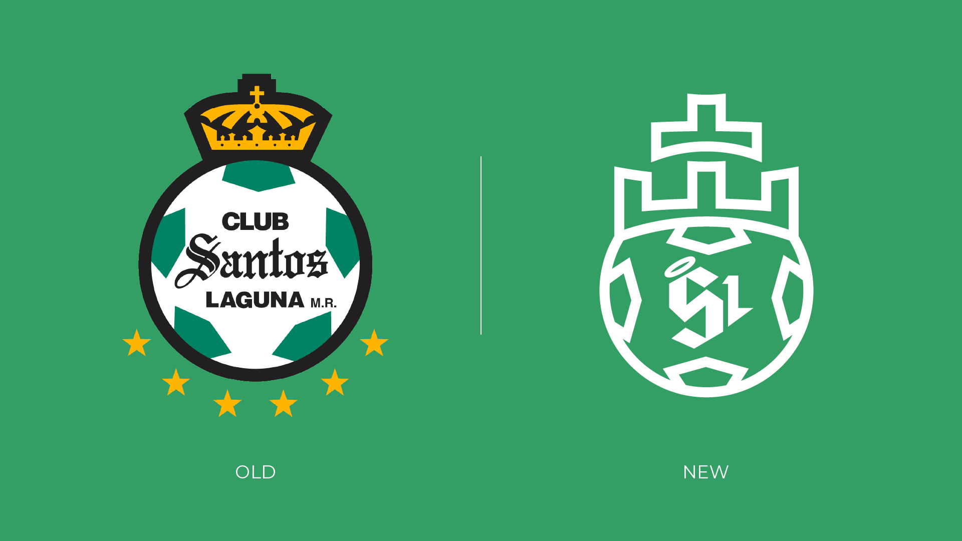 the existing Santos Laguna crest beside the reworked one on a green ground, labelled old and new