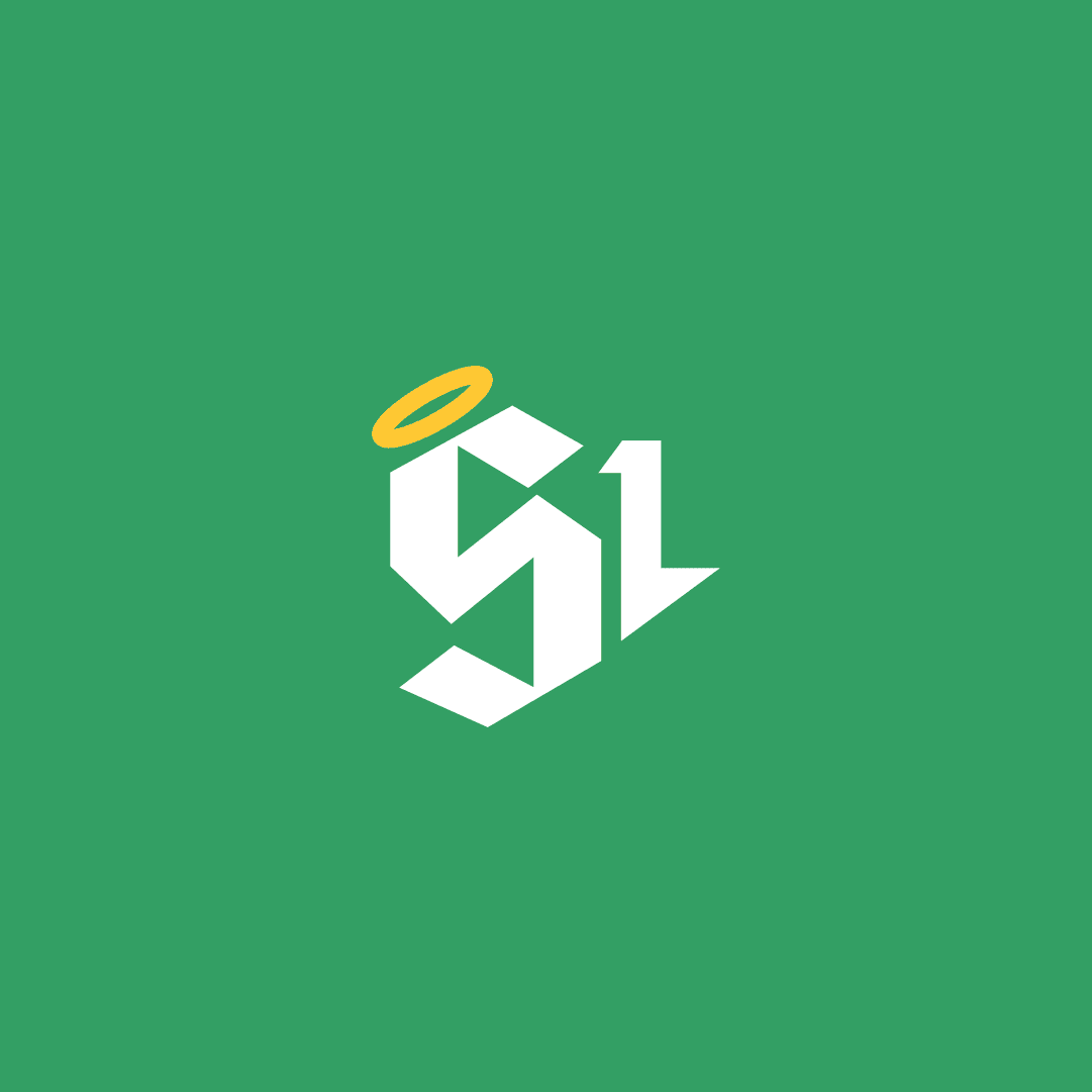 the SL monogram in white on green, the S and L drawn as faceted blackletter blocks with a gold halo tilted over the S