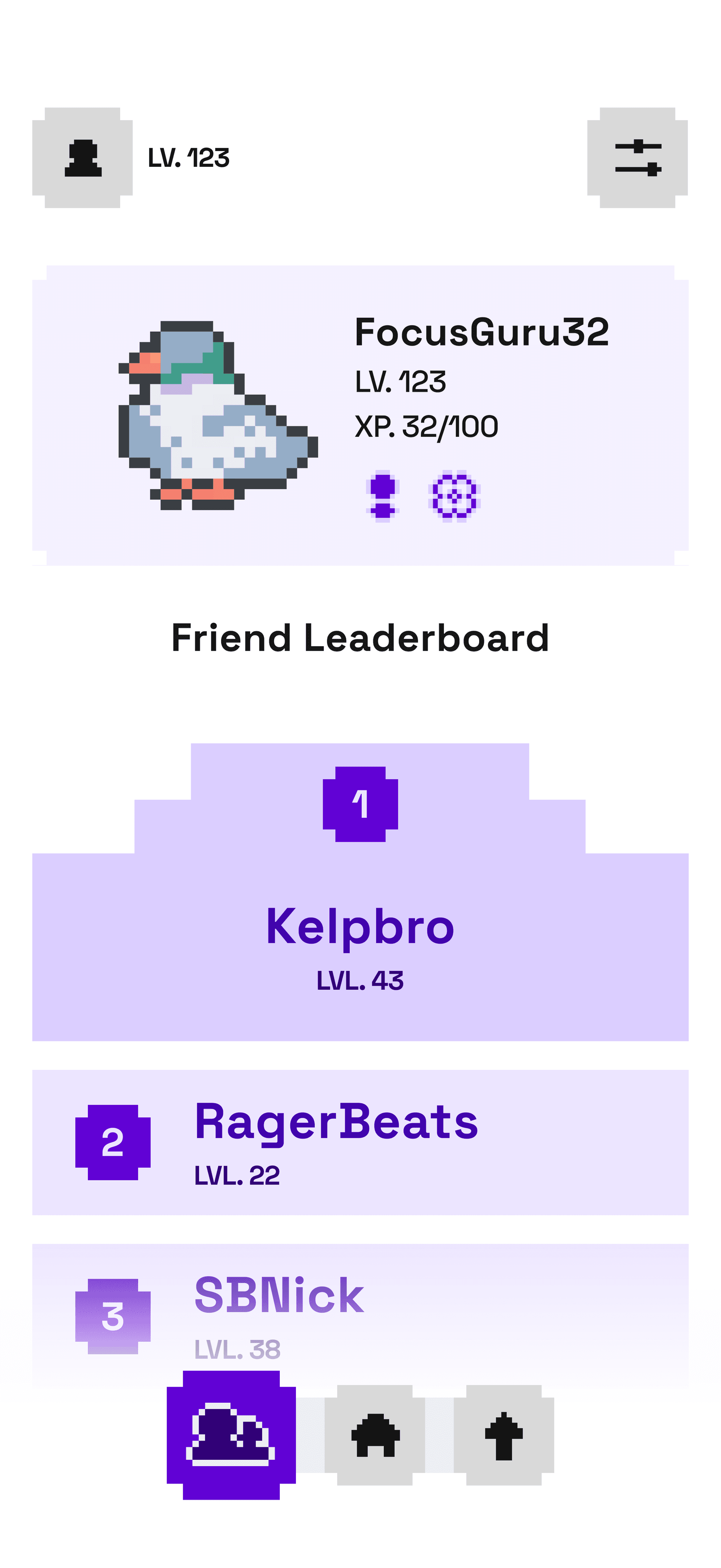 profile screen with a Friend Leaderboard ranking Kelpbro at level 43 above three other players