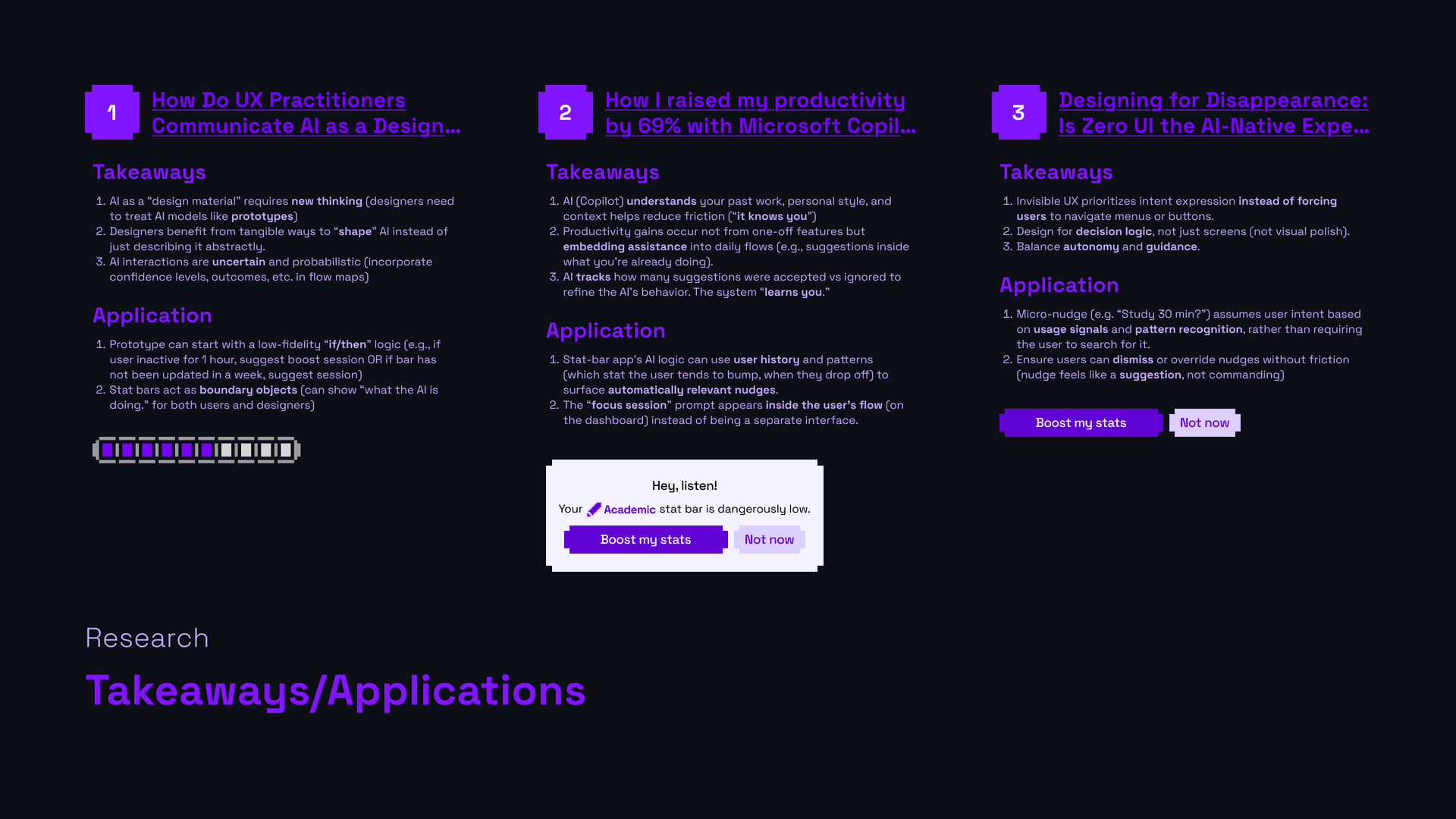 research takeaways and applications from three articles: AI as a design material, Copilot productivity habits, and designing for disappearance