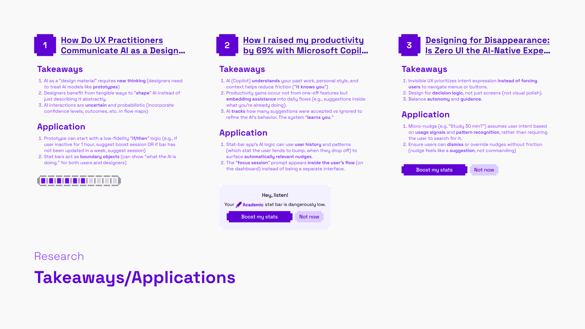 research takeaways and applications from three articles: AI as a design material, Copilot productivity habits, and designing for disappearance