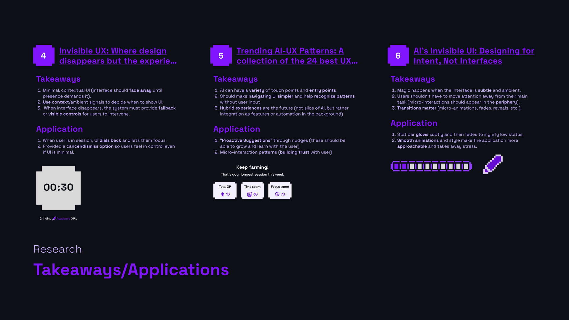 research takeaways and applications from three more articles: invisible UX, trending AI-UX patterns, and designing for intent over interfaces