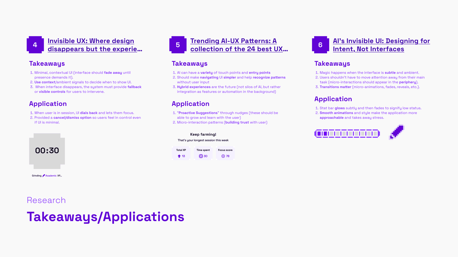 research takeaways and applications from three more articles: invisible UX, trending AI-UX patterns, and designing for intent over interfaces