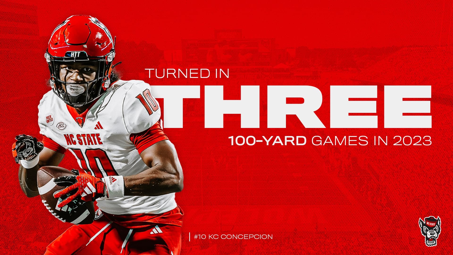 a stat graphic reading TURNED IN THREE 100-YARD GAMES IN 2023 beside a photo of running back number 10, KC Concepcion, carrying the ball