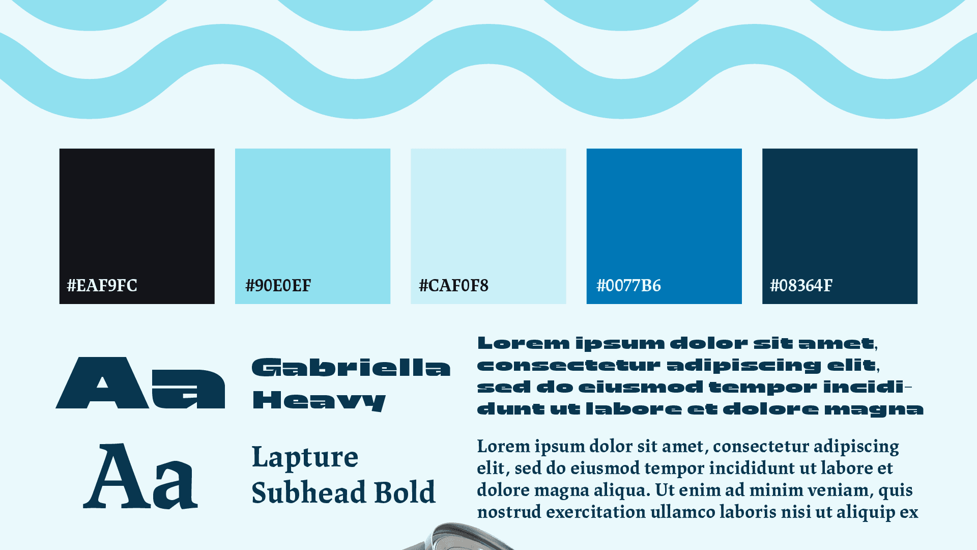 Brand palette and type specimen: five swatches labelled EAF9FC, 90E0EF, CAF0F8, 0077B6 and 08364F, with Gabriella Heavy and Lapture Subhead Bold shown as Aa lockups beside paragraph-length samples of each face