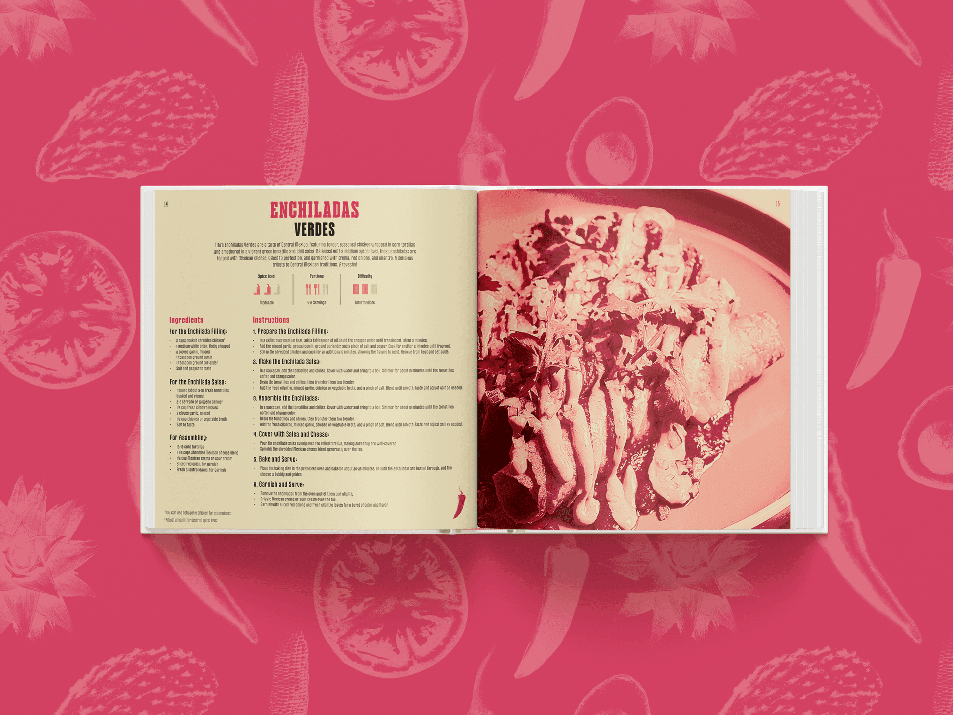 Two-page spread of the Enchiladas Verdes recipe from Tita's Cookbook, with ingredients and numbered instructions on the left page and a full-bleed photo of the finished dish on the right