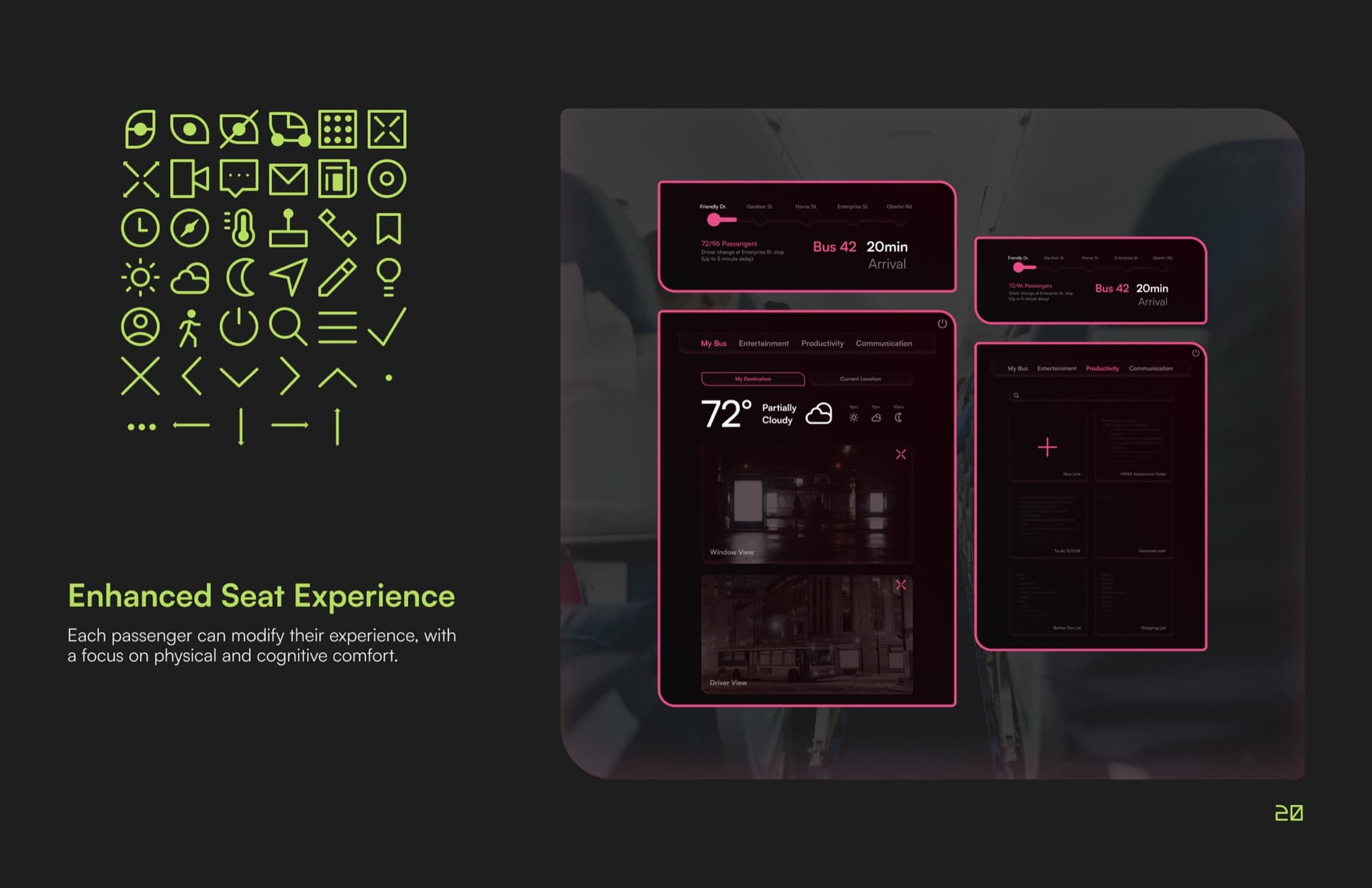 the booklet's Enhanced Seat Experience page, in-seat display mockups for route progress, window view, and a notes app over a bus interior photo, beside the green icon set