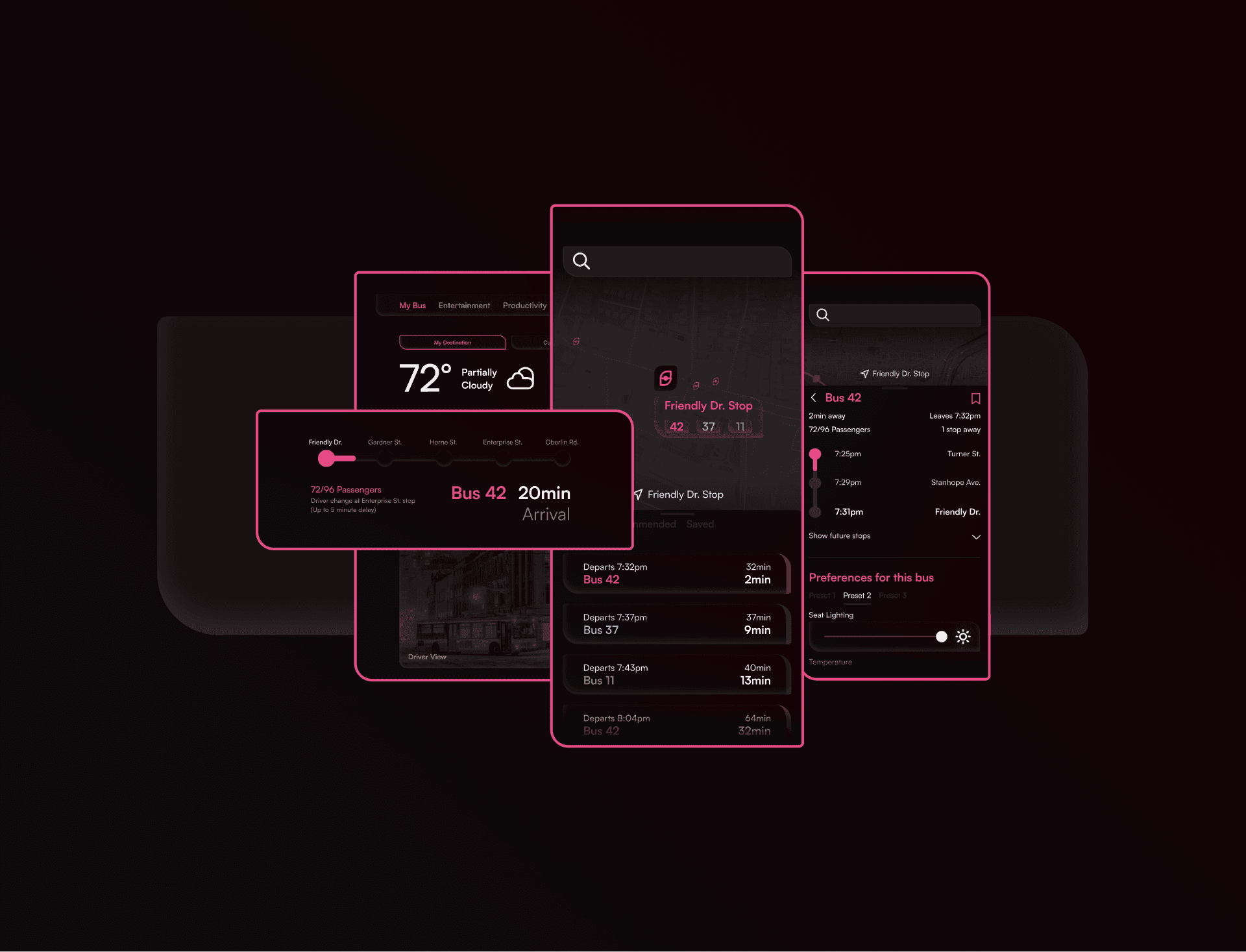 four dark-mode SOJO app screens: a My Bus home with weather and a route slider, a map with nearby buses, and a Bus 42 detail screen with a seat-lighting preference slider