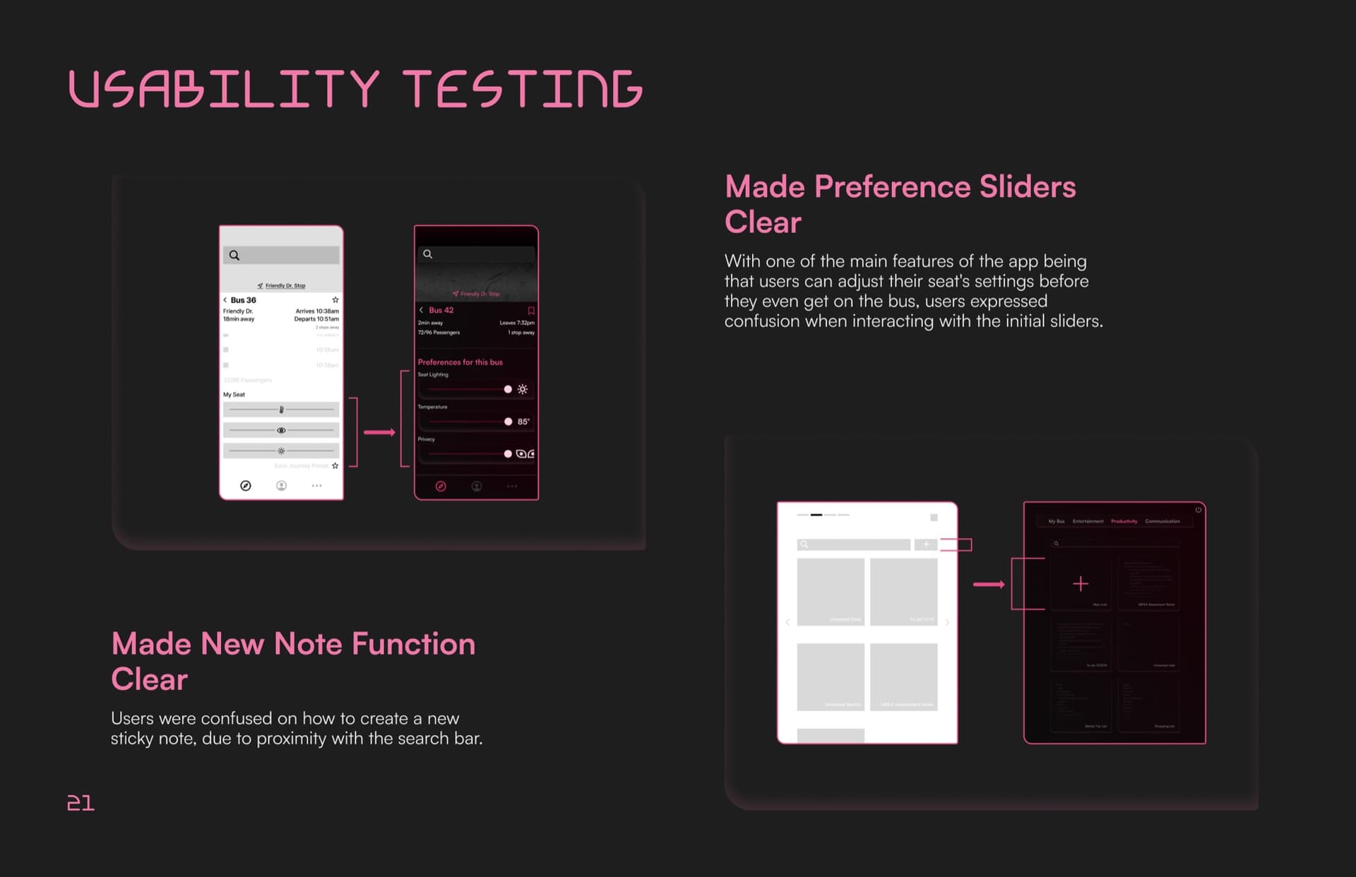 the booklet's Usability Testing page, a before-and-after redesign of the seat preference sliders and the new-note-function flow