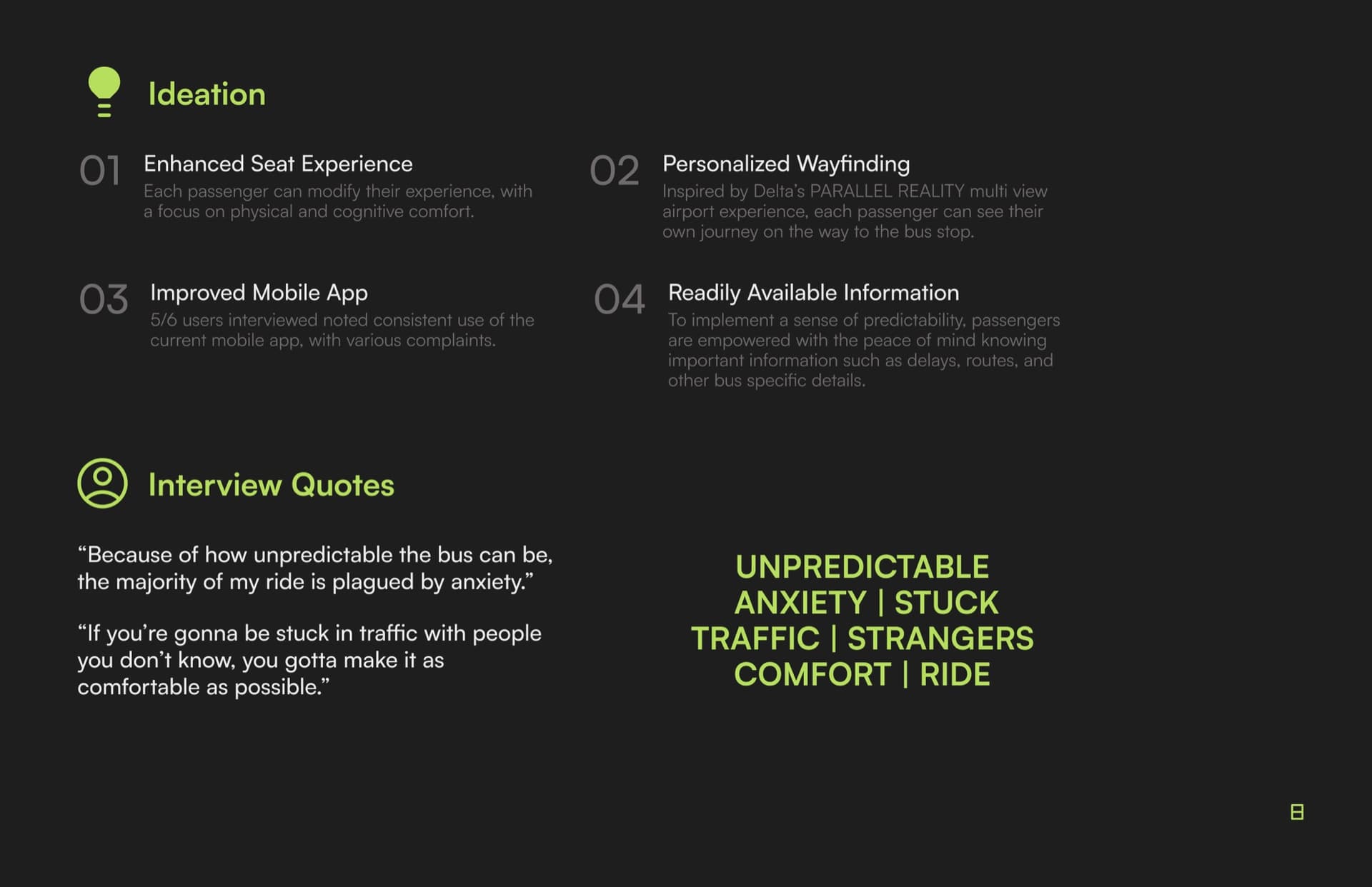the booklet's Ideation page, the four opportunity areas and interview-quote keyword cluster from the research overview, set in the printed layout