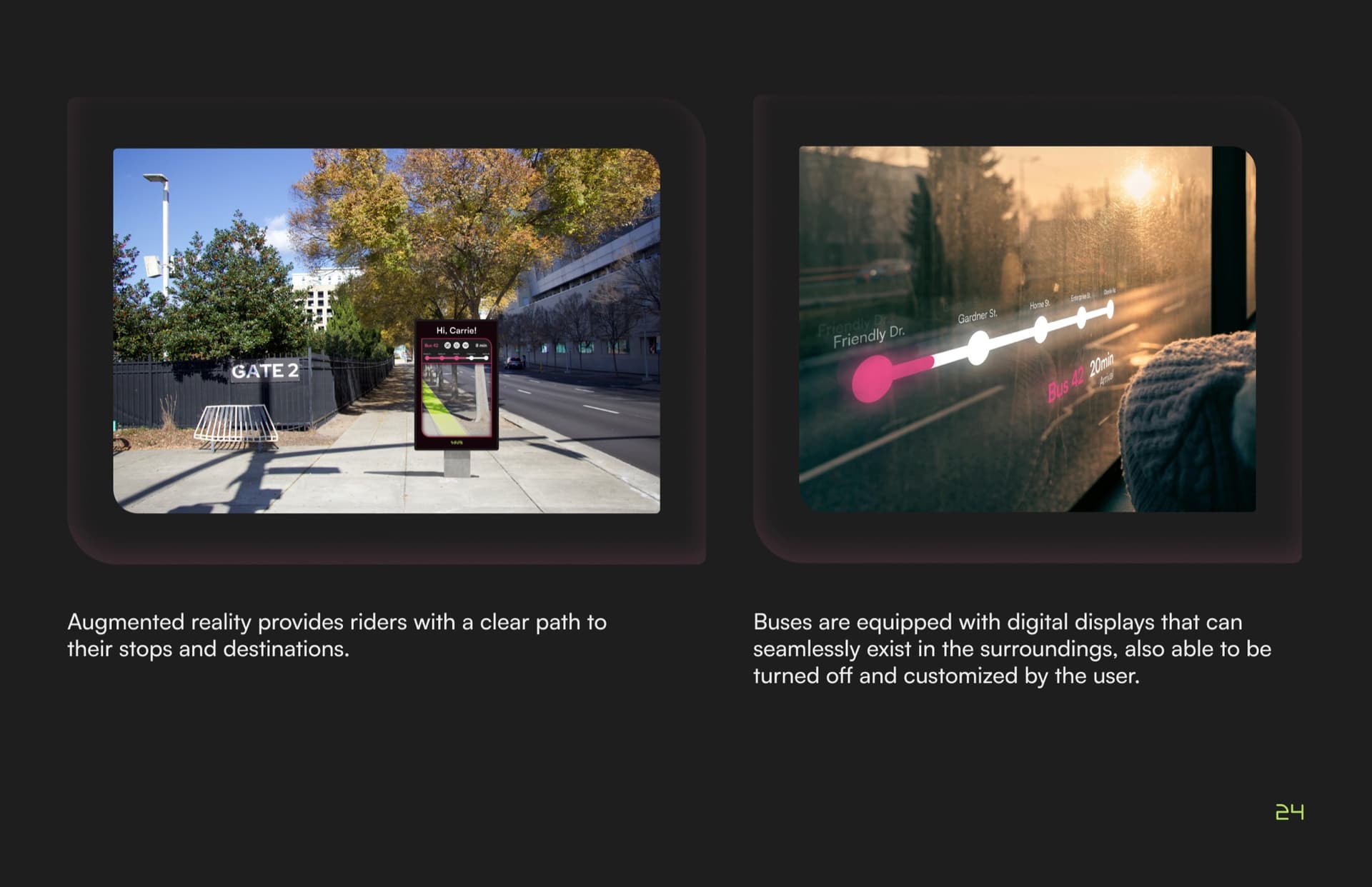 two more wayfinding mockups: a street kiosk with an AR path lit toward Gate 2, and a bus window overlay tracing the route's stops to Bus 42's arrival time