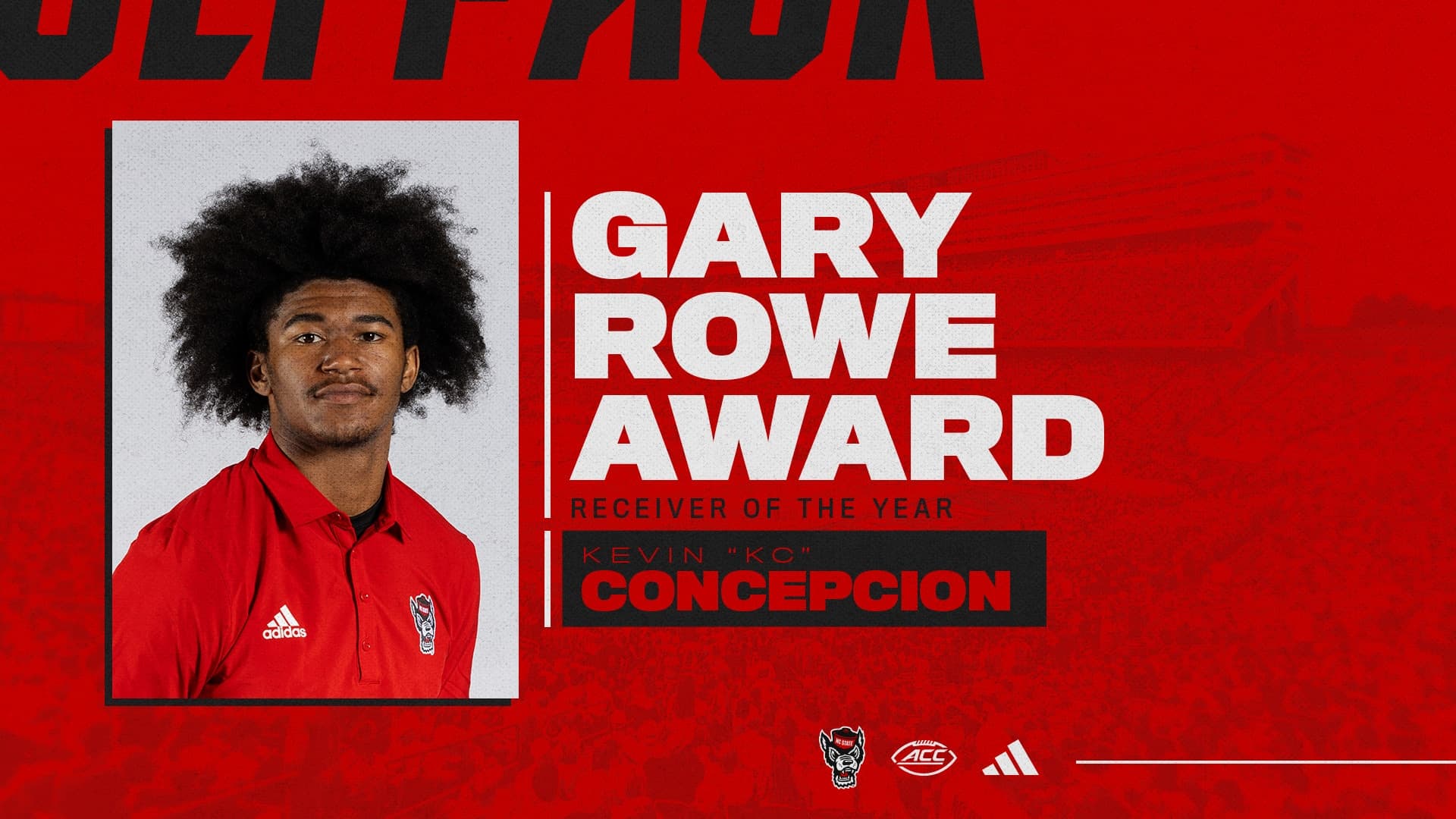 an award graphic reading GARY ROWE AWARD, RECEIVER OF THE YEAR, KEVIN KC CONCEPCION, beside his player headshot