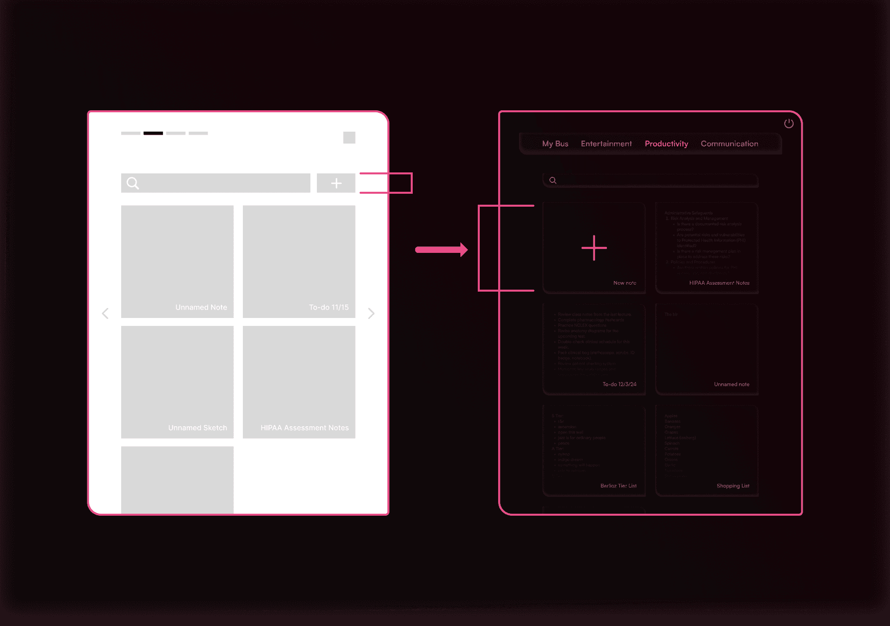 a grey low-fidelity wireframe of a notes screen on the left, an arrow leading to its dark high-fidelity version on the right