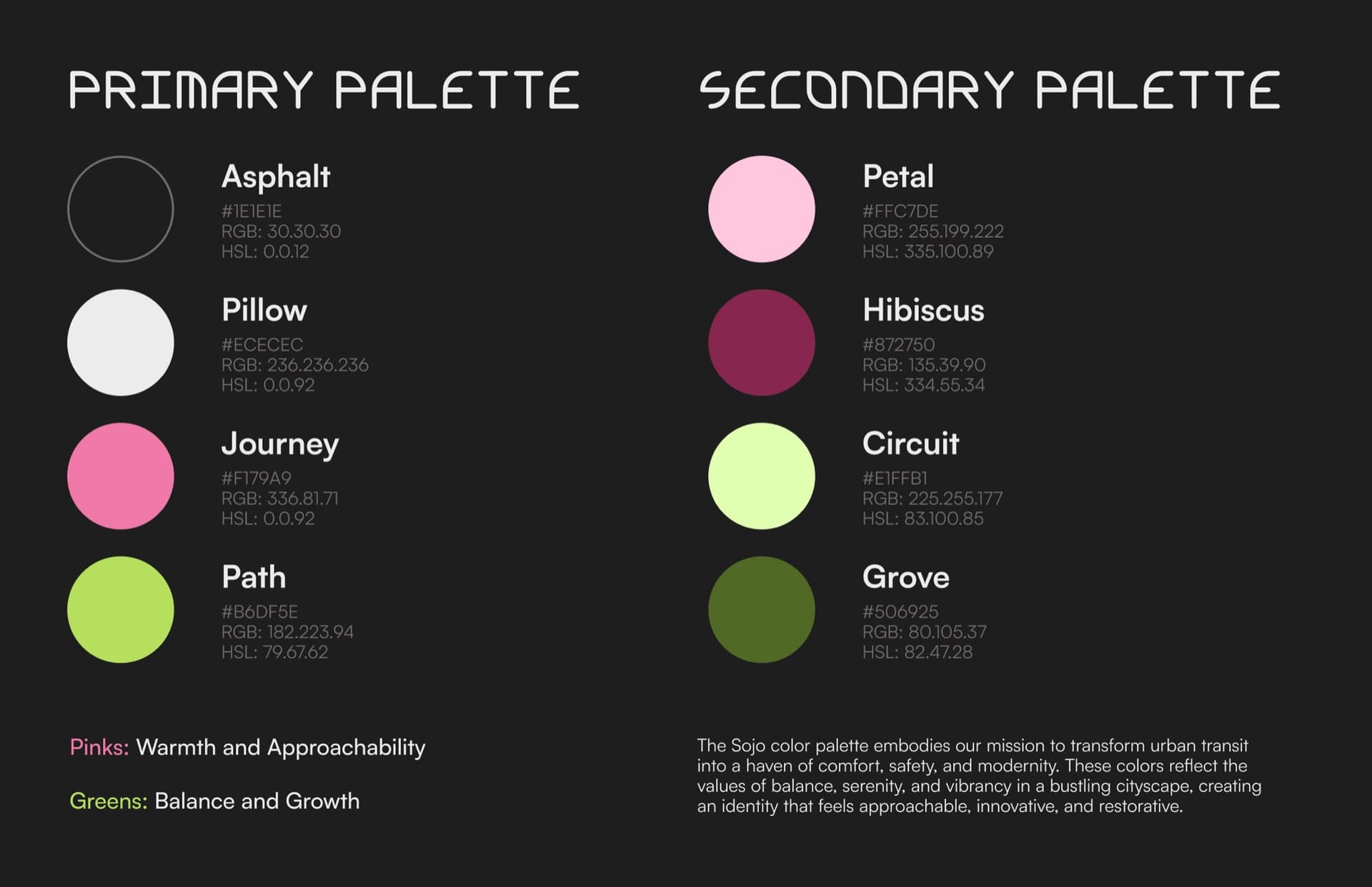the booklet's color palette page, four primary swatches (Asphalt, Pillow, Journey, Path) and four secondary swatches (Petal, Hibiscus, Circuit, Grove), each with hex, RGB, and HSL values