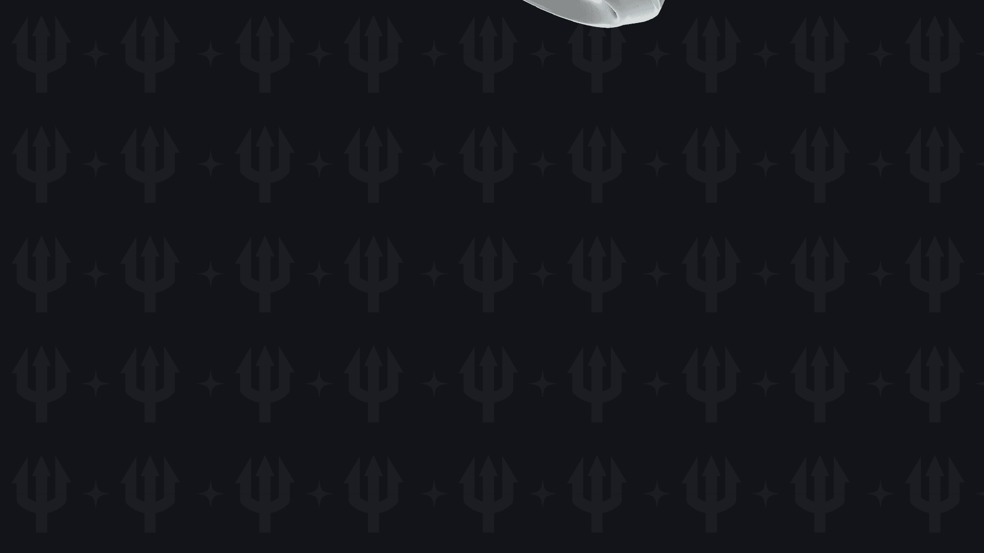 Seamless dark navy pattern tile of repeating trident marks and sparkles, with the corner of a can mockup cropping in from the top edge