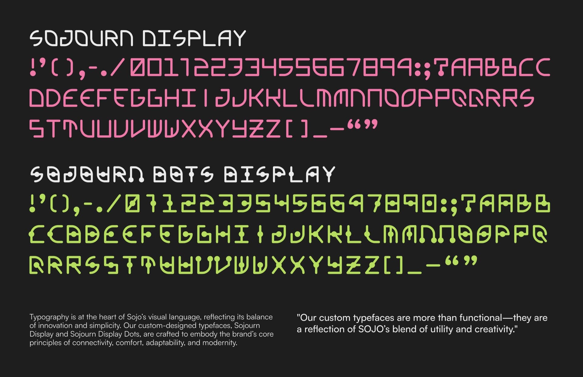 the booklet's typeface specimen page, the full character sets of Sojourn Display in pink and Sojourn Dots Display in green