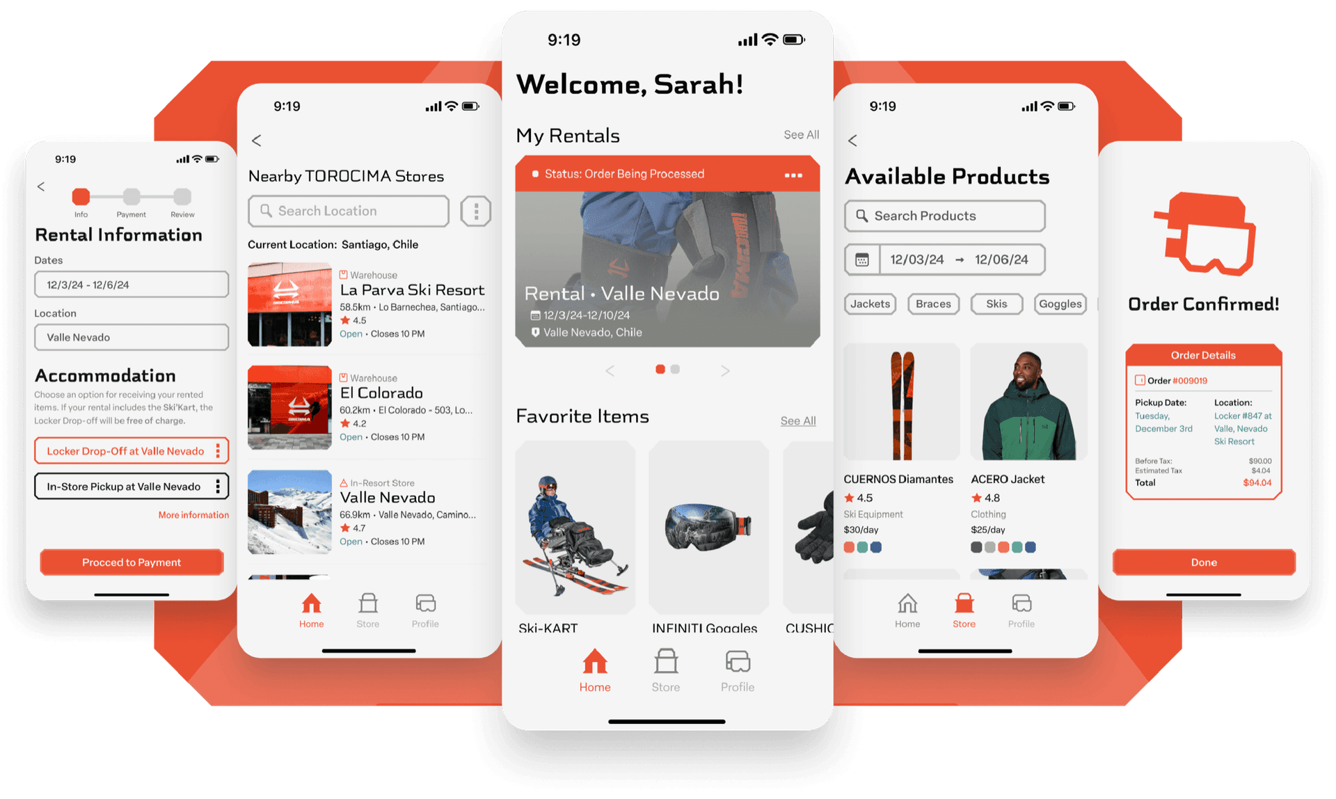 Five Torocima app screens: rental information form, nearby store list, home screen with an active rental and favorite items, available products browser, and order confirmation