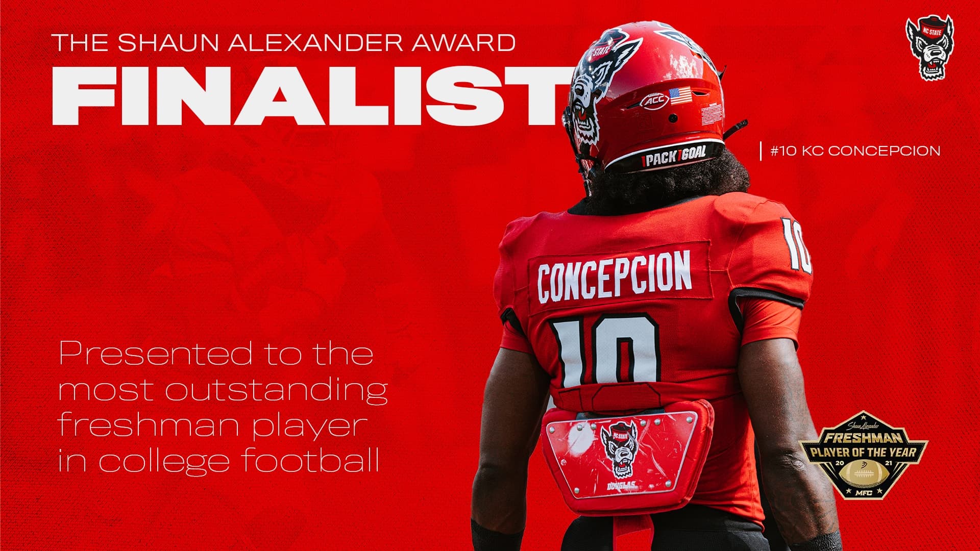 a graphic reading THE SHAUN ALEXANDER AWARD FINALIST, presented to the most outstanding freshman player in college football, beside a photo of Concepcion, number 10, seen from behind