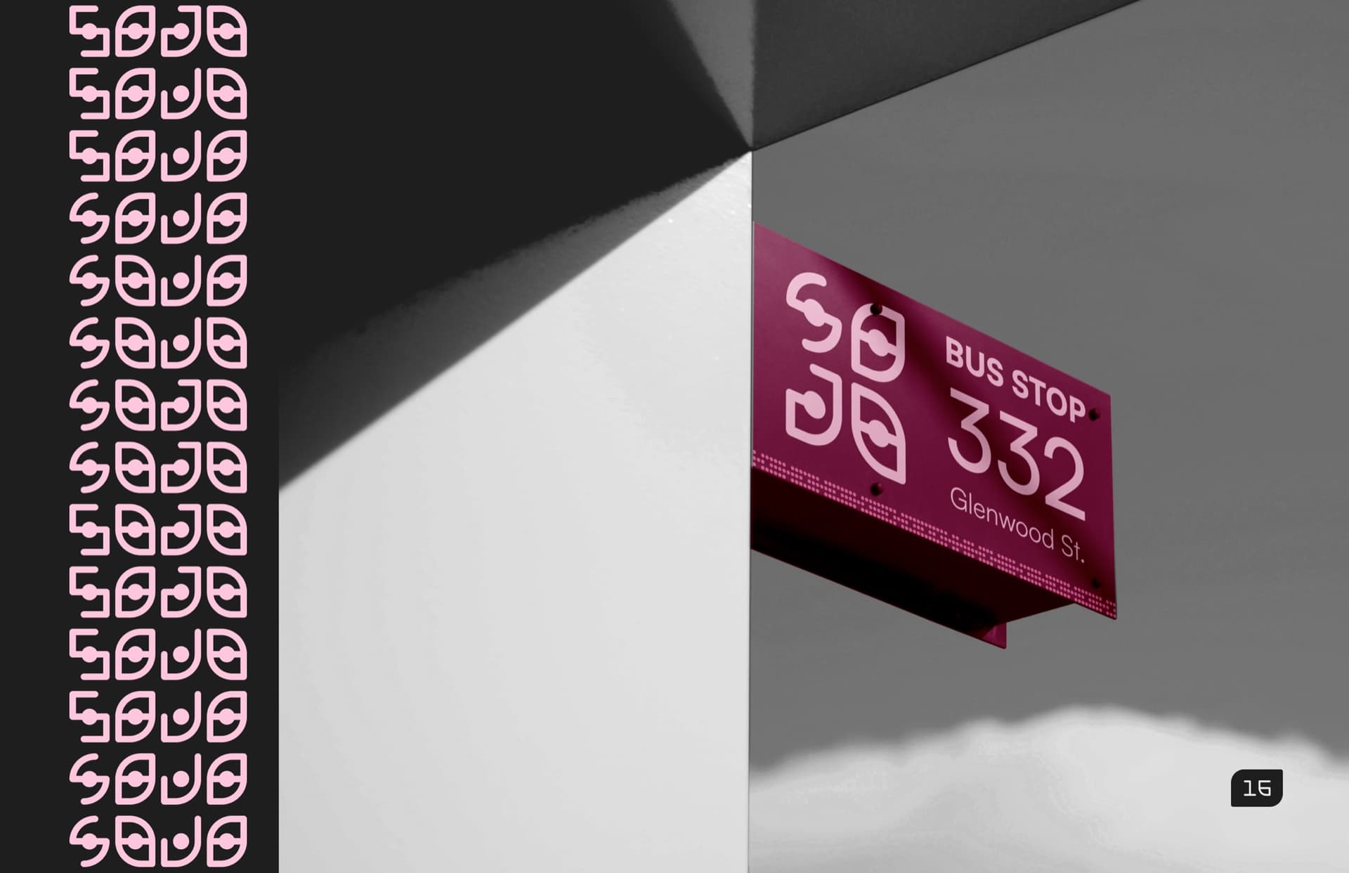 the booklet's signage page, the Bus Stop 332, Glenwood St. sign photo beside a repeating column of the SOJO stacked lockup