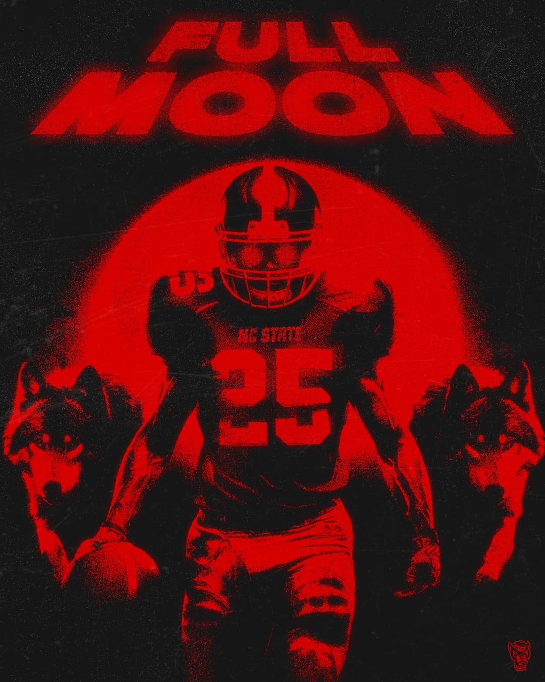 a red-on-black poster reading FULL MOON, a helmeted player numbered 25 flanked by two howling wolf silhouettes lit by a red moon glow