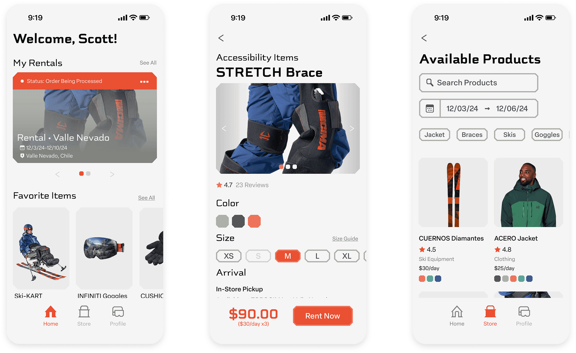 Three Torocima app screens: home screen with an active rental and favorite items, Stretch Brace product detail with color and size options, and the available products browser