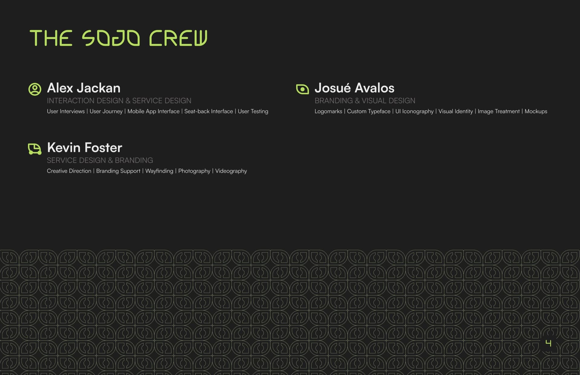 the booklet's crew page, The SOJO Crew, listing Alex Jackan, Josué Avalos, and Kevin Foster with their roles and contributions