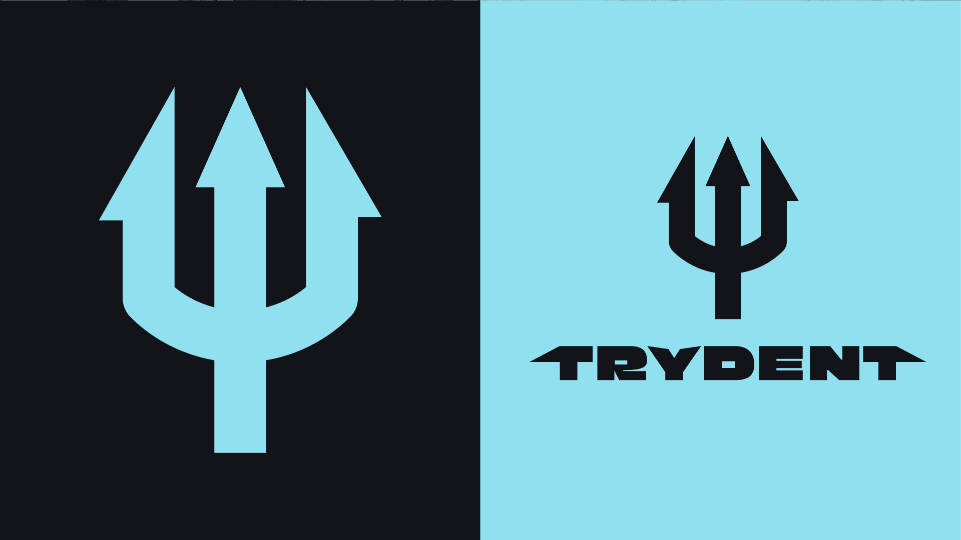Two logo lockups side by side: the trident mark alone in light blue on a near-black ground, and the full trident-mark-plus-wordmark lockup in black on light blue