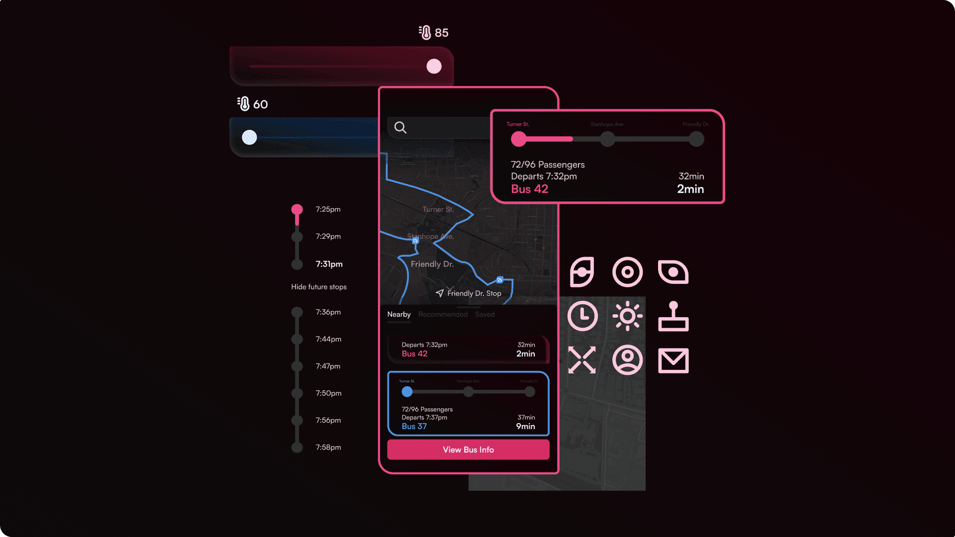 pink and blue temperature preference sliders above a Bus 42 route card and stop timeline, next to the SOJO icon set