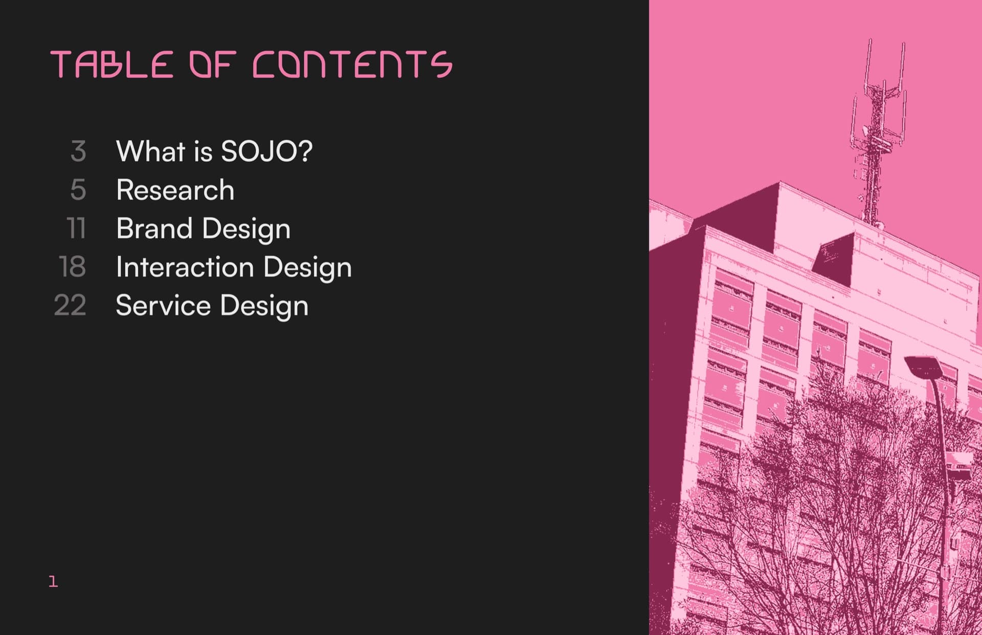 the booklet's table of contents page, listing What is SOJO?, Research, Brand Design, Interaction Design, and Service Design, beside a pink duotone photo of a building corner