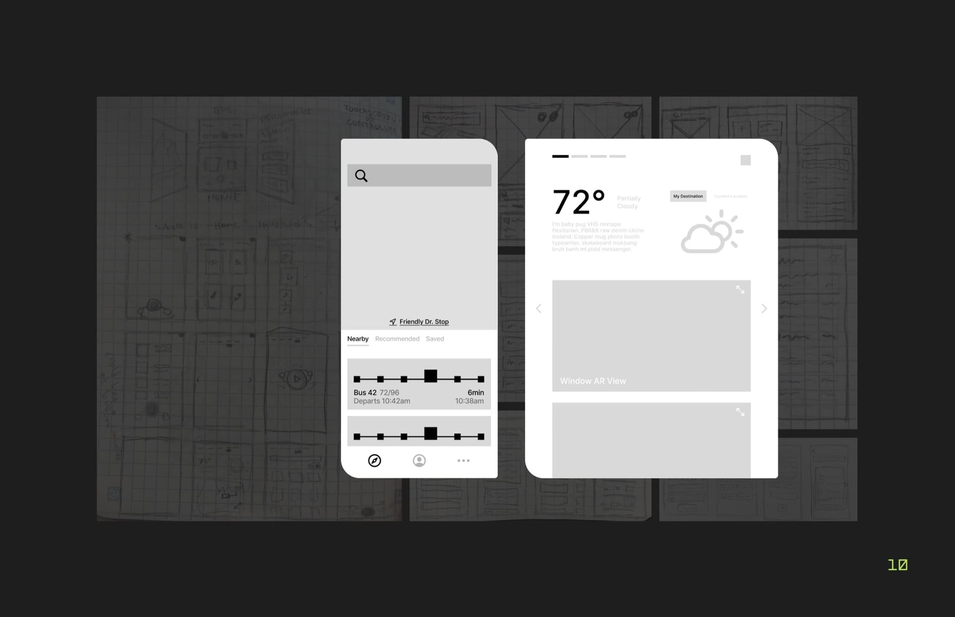 the booklet's wireframes page, a search-and-route-list phone wireframe and a tablet weather screen with a Window AR View placeholder, over a scanned sketchbook background