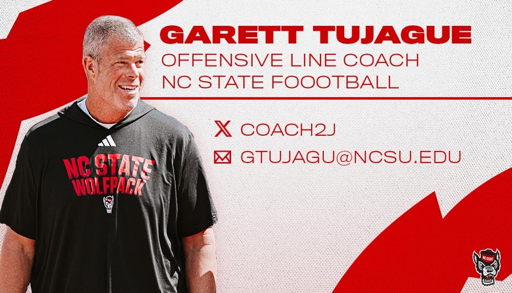 a staff card for Garett Tujague, Offensive Line Coach, with his X handle Coach2J and email address, beside a photo of him smiling in an NC State Wolfpack hoodie