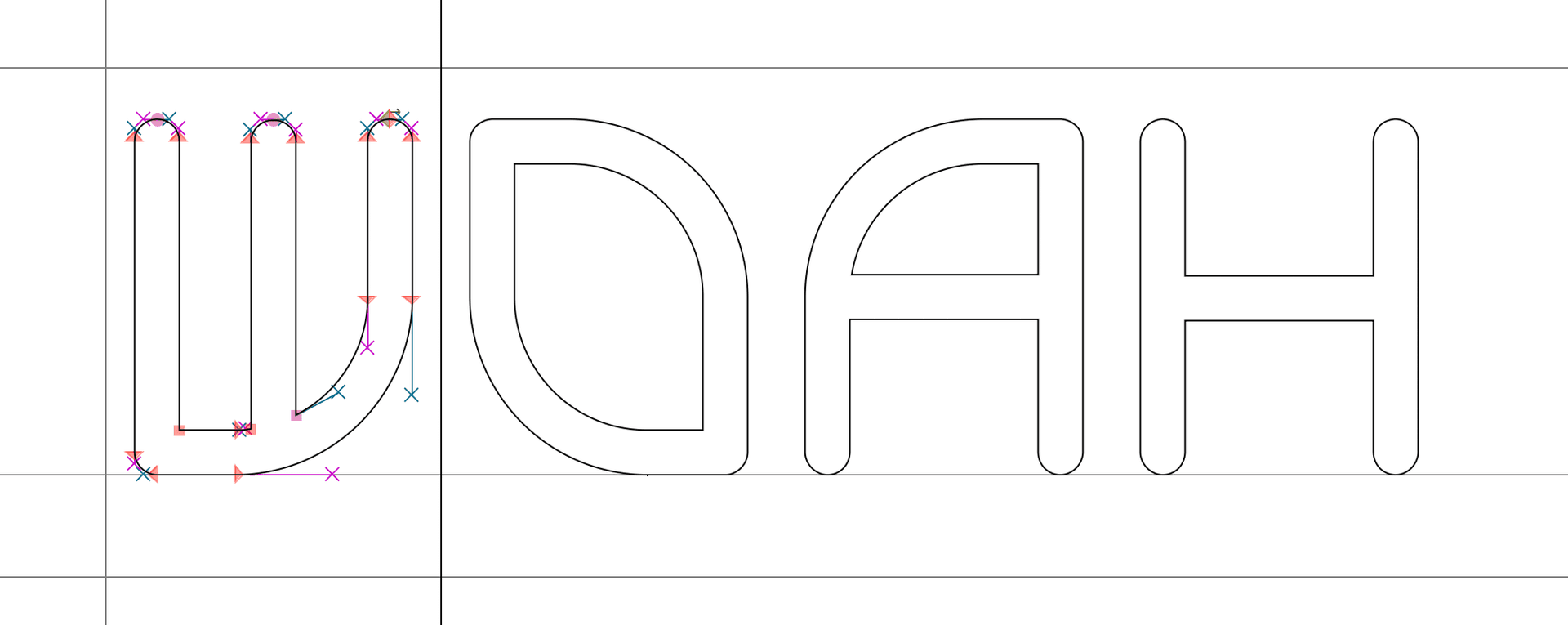 bezier construction of a Sojourn Display glyph with anchor points and handles on the left, next to three finished glyph outlines set on a baseline grid
