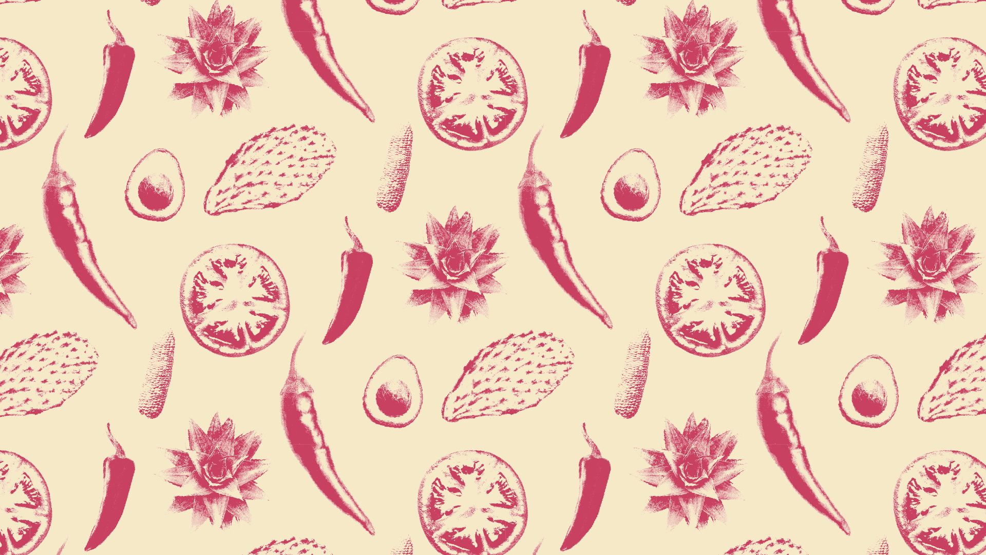 Repeating illustrated pattern of chile peppers, tomato slices, avocado halves, ears of corn, and nopal cactus paddles in pink line art on a cream ground