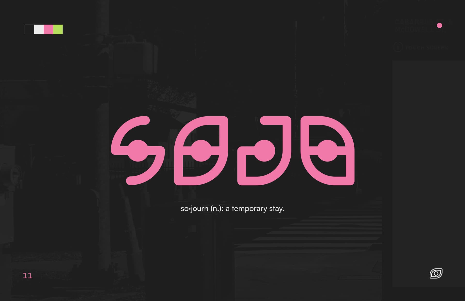 the booklet's wordmark reveal page, the pink SOJO mark over a dark street photo with the definition sojourn (n.): a temporary stay beneath it