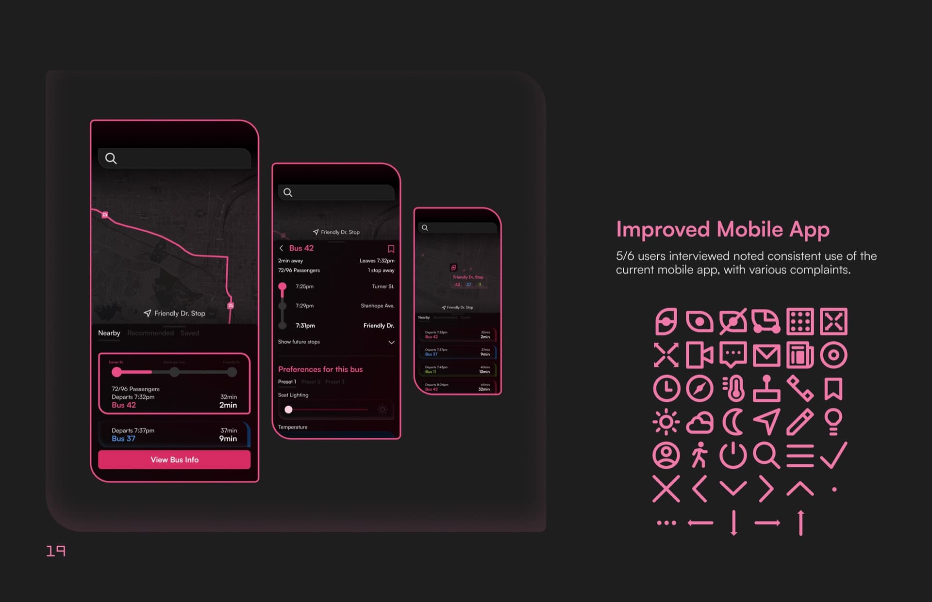 the booklet's Improved Mobile App page, three dark app screens for route search, bus preferences, and nearby stops, beside the full pink icon set