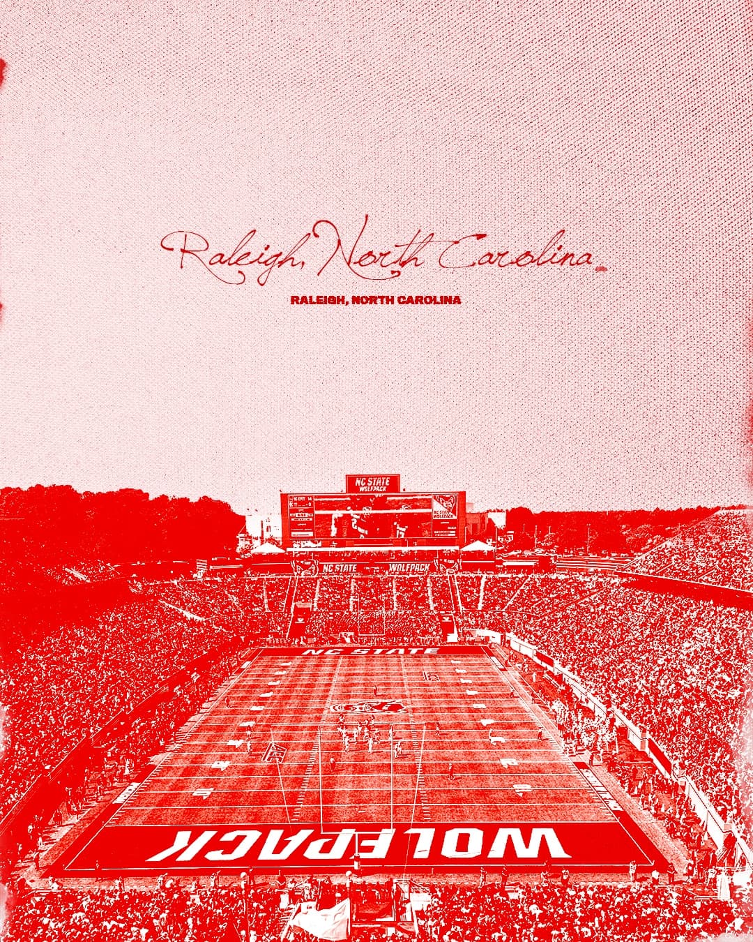 a red duotone aerial photo of a packed Carter-Finley Stadium at night with WOLFPACK painted across the end zone, Raleigh, North Carolina lettered in script above