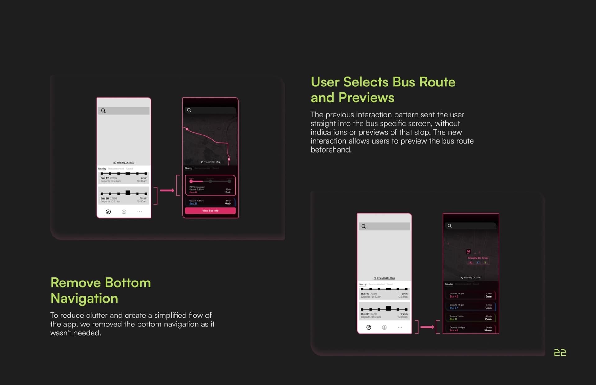 a second Usability Testing page, a before-and-after showing the new bus-route preview step and the removed bottom navigation bar