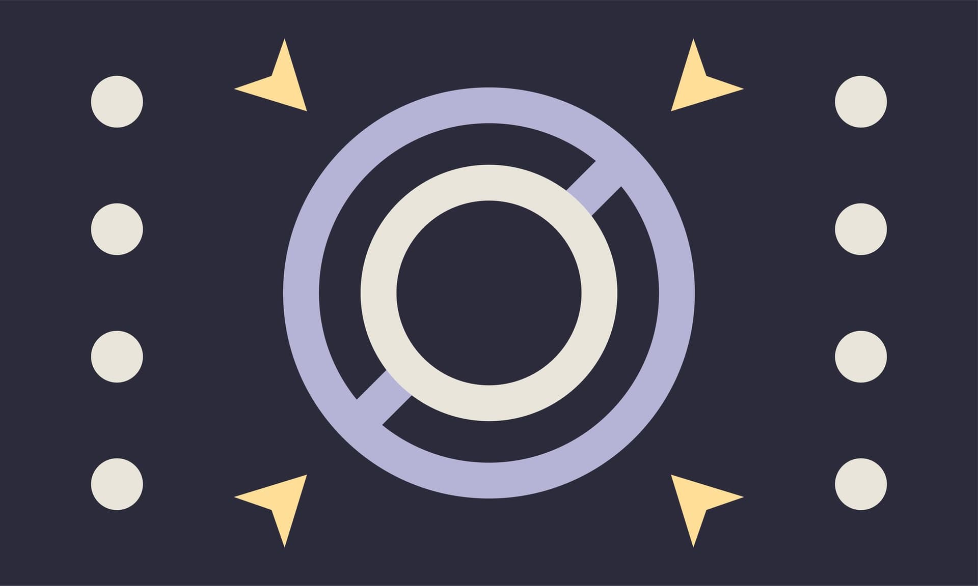the final flag: a lavender slashed ring centred on deep navy, four cream dots down each side and four yellow arrows angled out from the centre