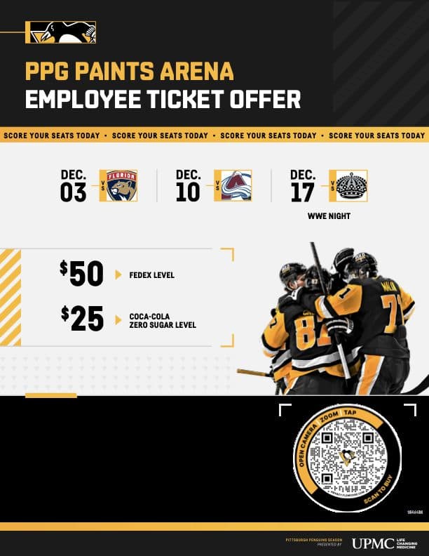a one page PPG Paints Arena employee ticket offer flyer, three dated games across the middle, fifty and twenty five dollar level pricing, and a circular QR code badge reading open camera, zoom, tap, scan to buy